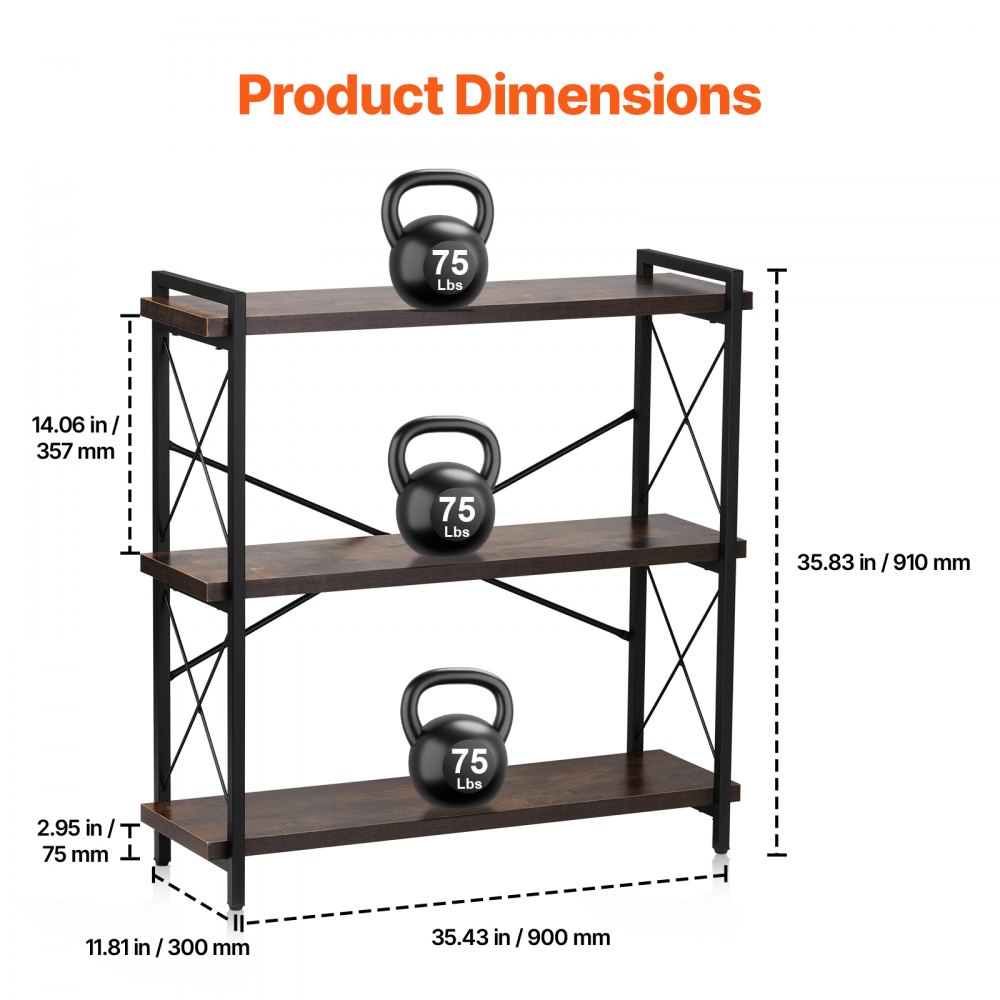 VEVOR Estantería de Metal de 900 x 300 x 910 mm, Estantería Industrial de 3 Niveles, Pequeña Estantería Rústica de Almacenamiento con Estantes Abiertos para Sala de Estar, Dormitorio y Oficina