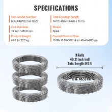 VEVOR Alambres de Afeitar, Alambre de Púas de Afeitar de 147 Pies, 3 Rollos de Alambre de Afeitar Cercado de Alambre de Afeitar, Cinta de Afeitar de Doble Espiral Alambre de Púas Valla de Alambre de Afeitar Galvanizado, Rollos de Afeitar para Jardín