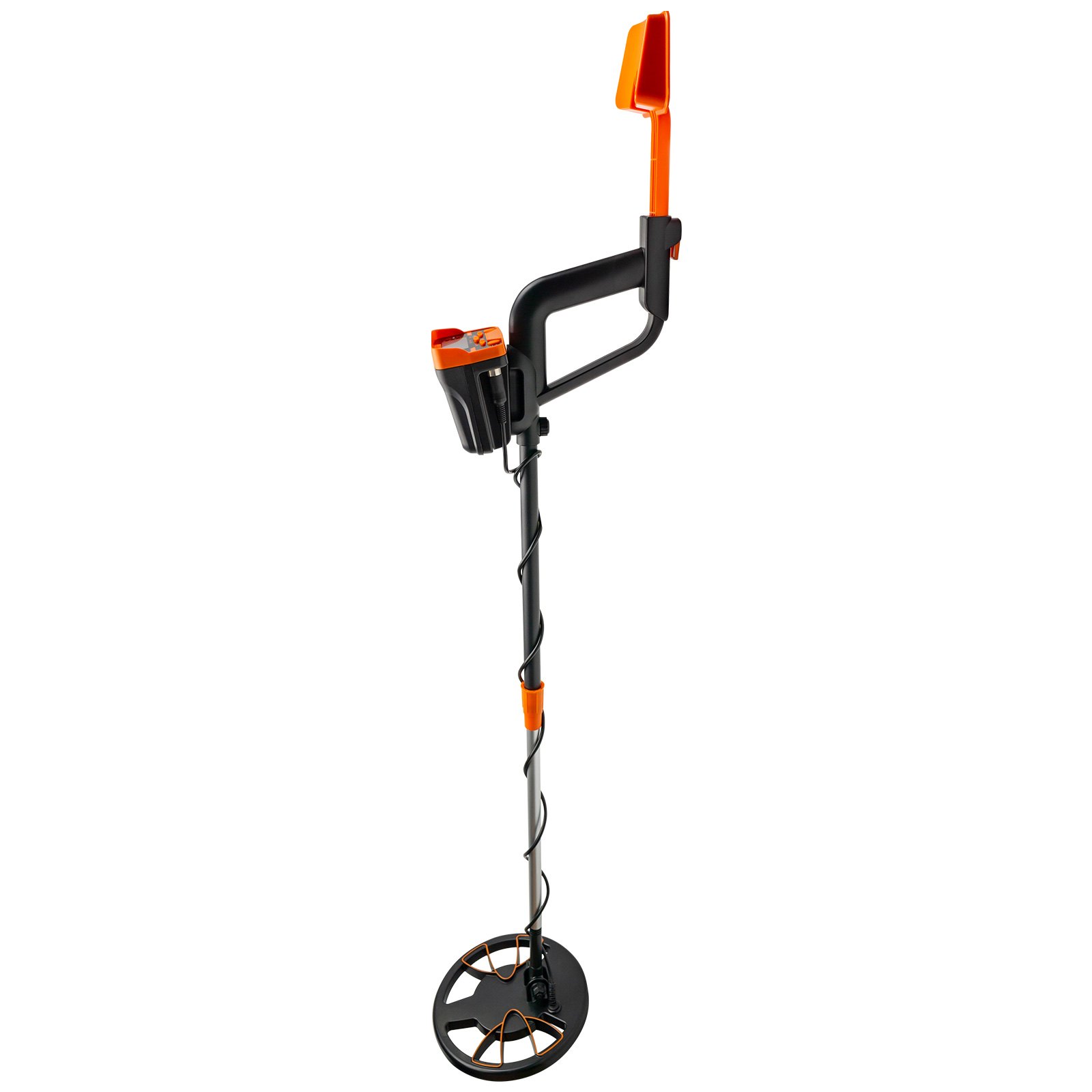 Detector de metales resistente al agua VEVOR con diseño naranja y negro, de posición vertical.