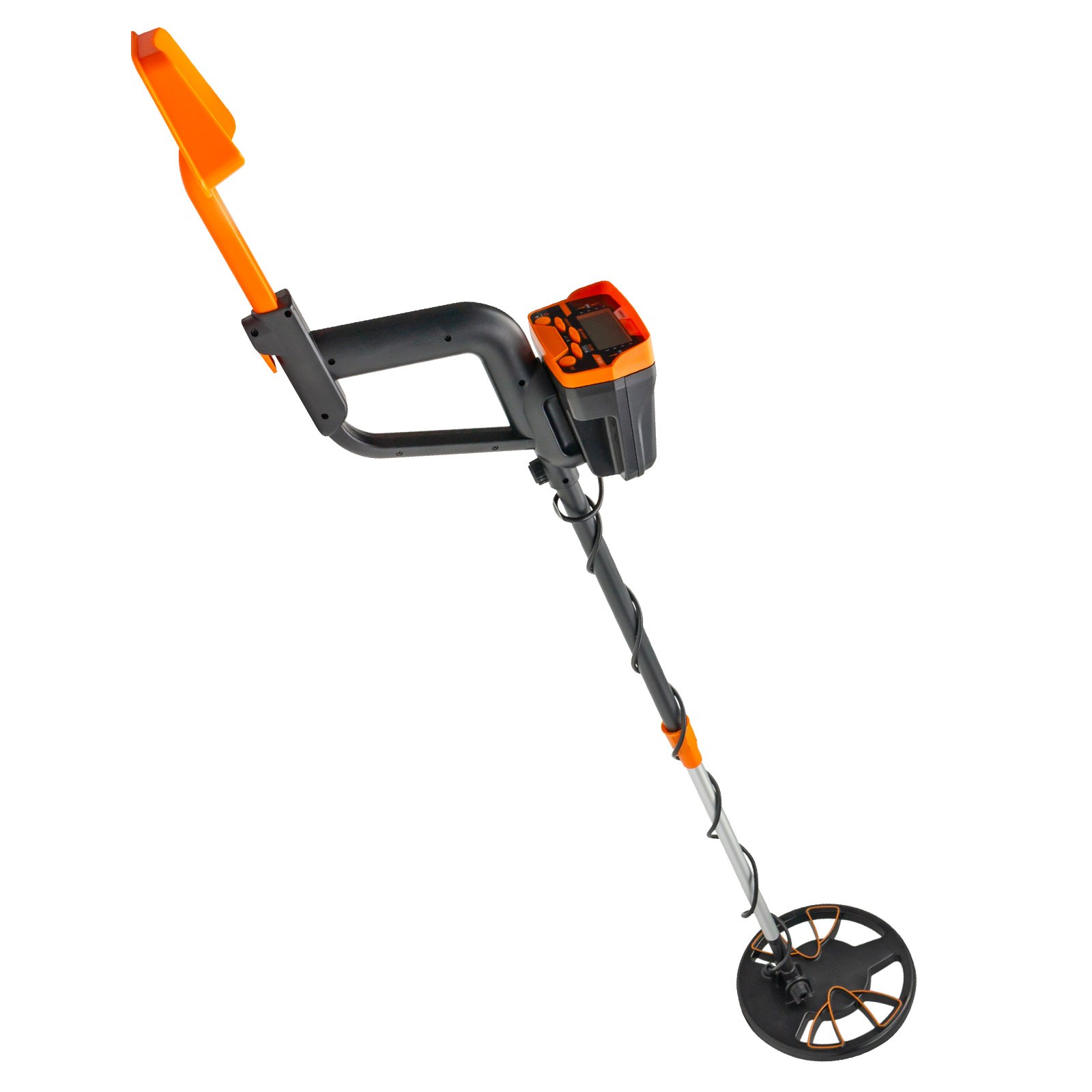 Detector de metales VEVOR resistente al agua, color naranja y negro, con pantalla LCD y bobina de búsqueda.