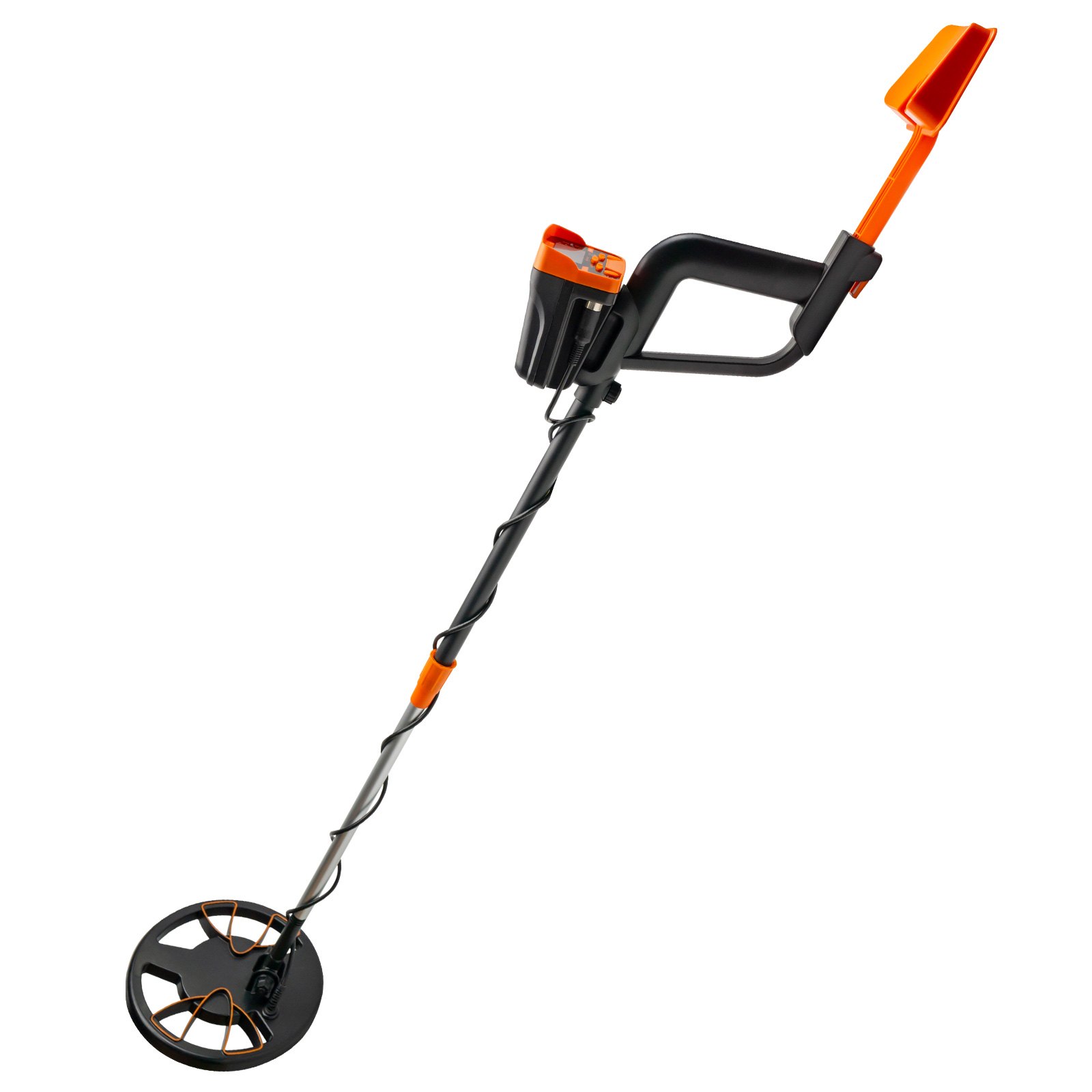 Detector de metales resistente al agua VEVOR con diseño negro y naranja sobre fondo blanco.
