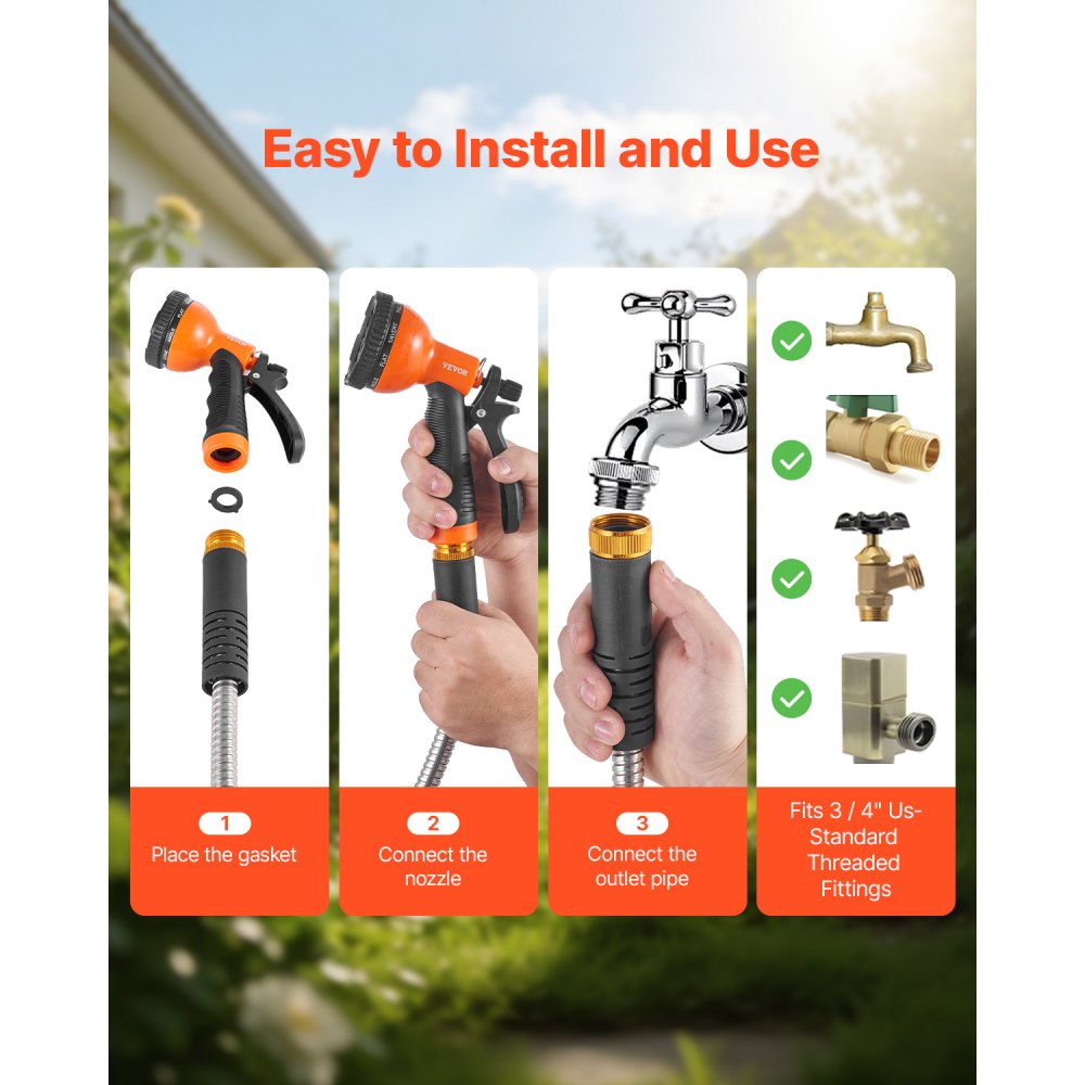 Manguera de jardín metálica VEVOR de 30 m, de acero inoxidable resistente a la corrosión, resistente con boquilla de 10 funciones, flexible y antitorsiones, ligera y de metal para exteriores.