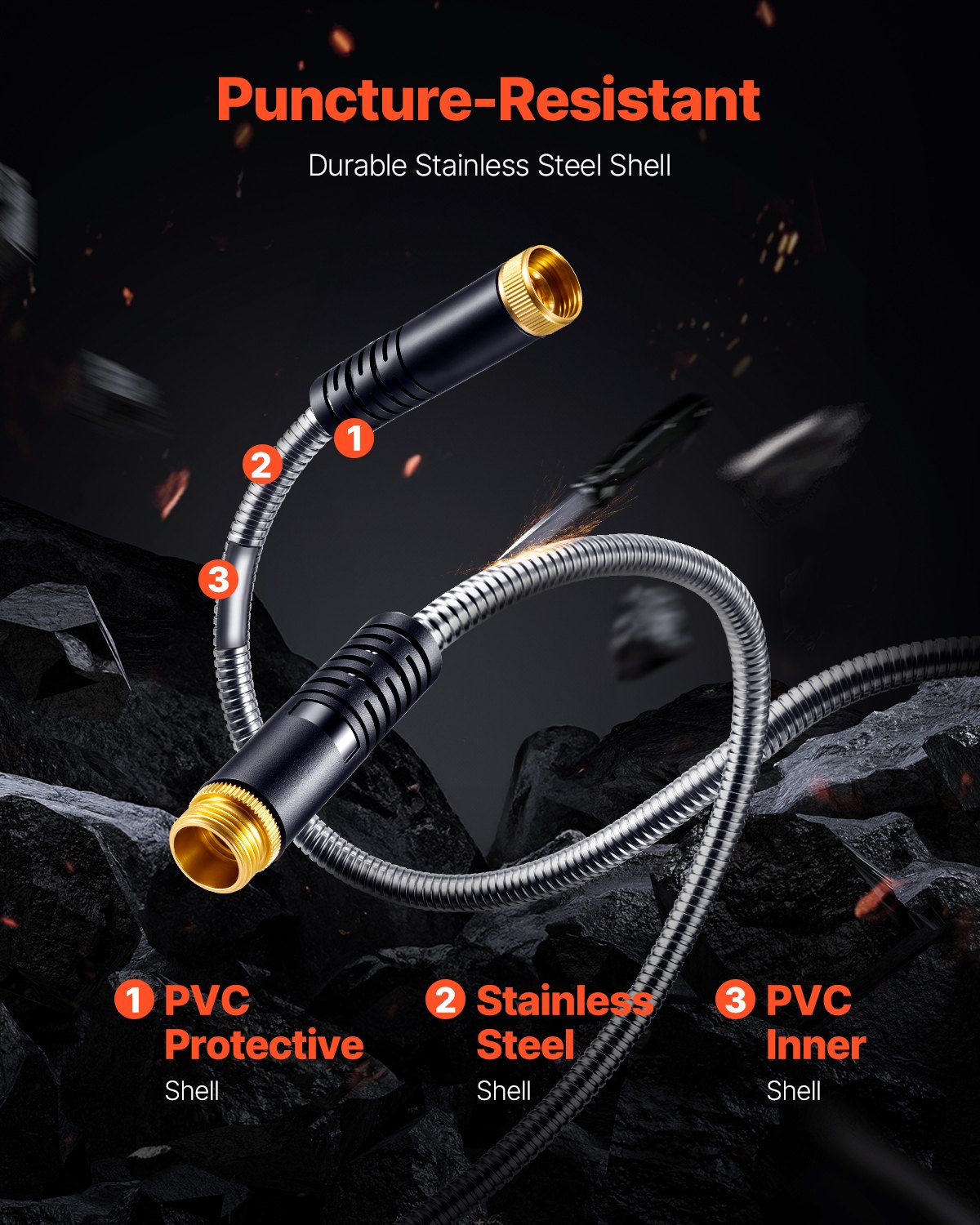 Manguera de jardín metálica VEVOR de 30 m, de acero inoxidable resistente a la corrosión, resistente con boquilla de 10 funciones, flexible y antitorsiones, ligera y de metal para exteriores.