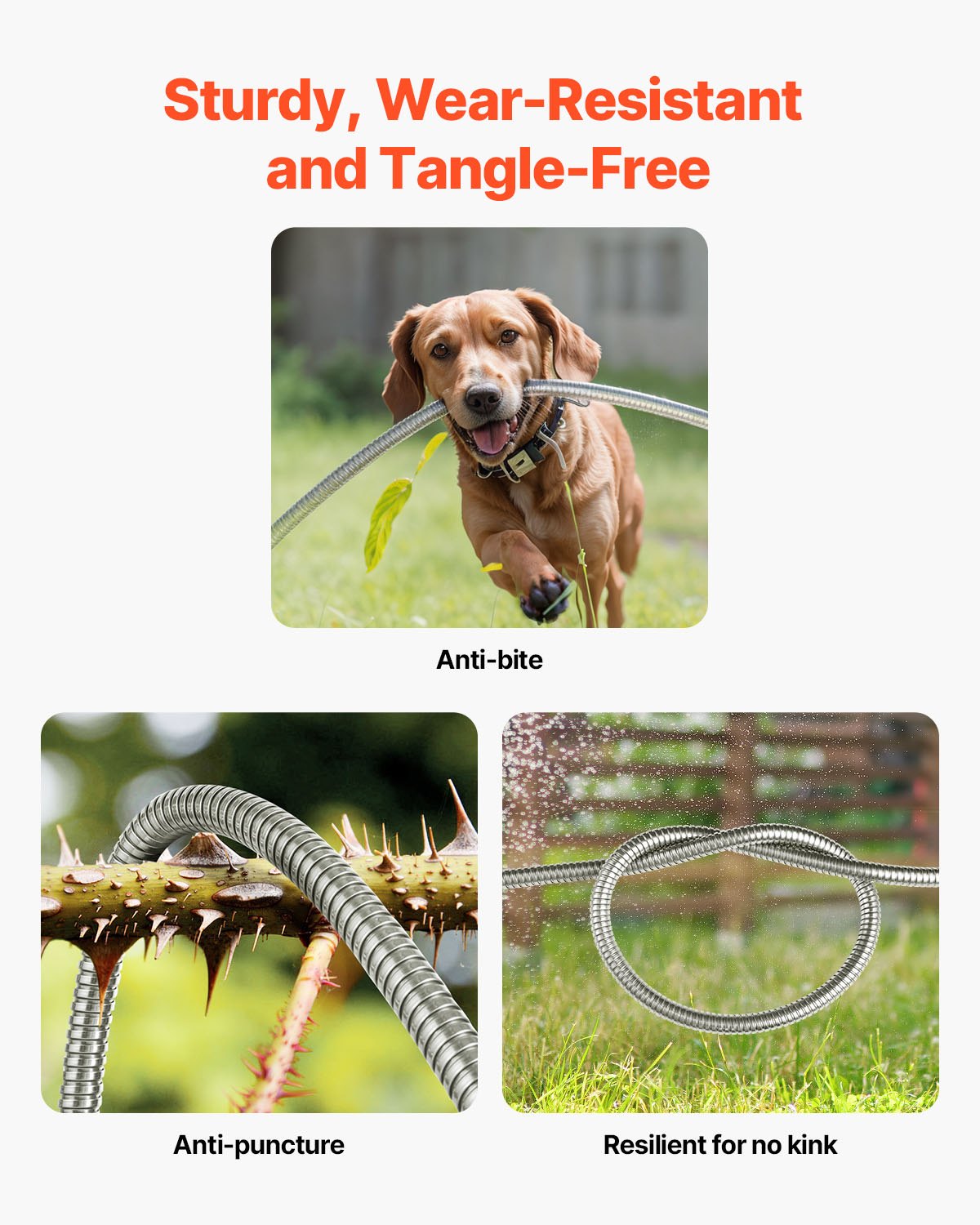 Manguera de jardín metálica VEVOR de 30 m, de acero inoxidable resistente a la corrosión, resistente con boquilla de 10 funciones, flexible y antitorsiones, ligera y de metal para exteriores.