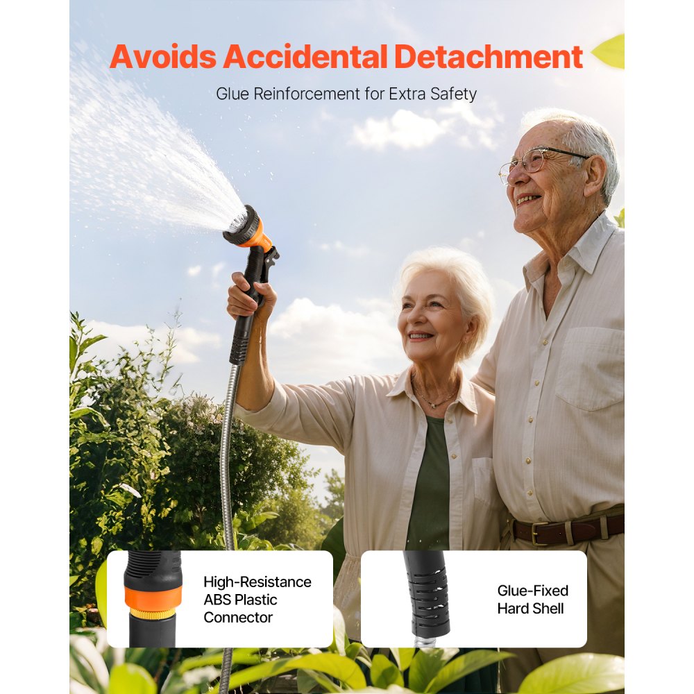 Manguera de jardín metálica VEVOR de 7,6 m, de acero inoxidable resistente a la corrosión, resistente al agua, con boquilla de 10 funciones, flexible y antitorsiones, ligera y de metal para exteriores.