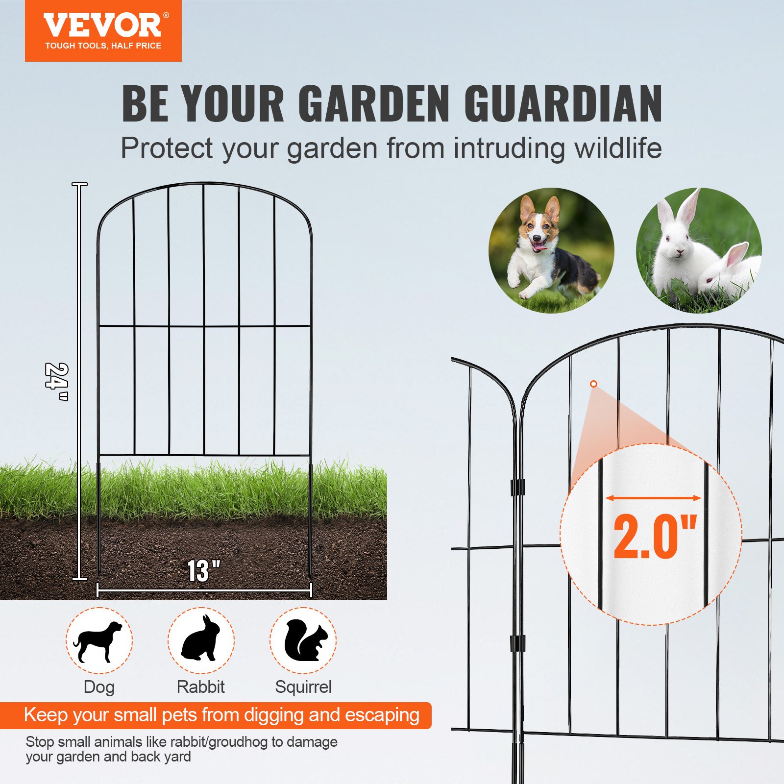 Valla de jardín VEVOR, valla sin excavación, valla de barrera para animales de 24 pulgadas de alto x 30 pies de largo, valla decorativa subterránea para jardín con espacio entre picos de 2 pulgadas, valla de metal para perros para el patio y el patio al aire libre, paquete de 28