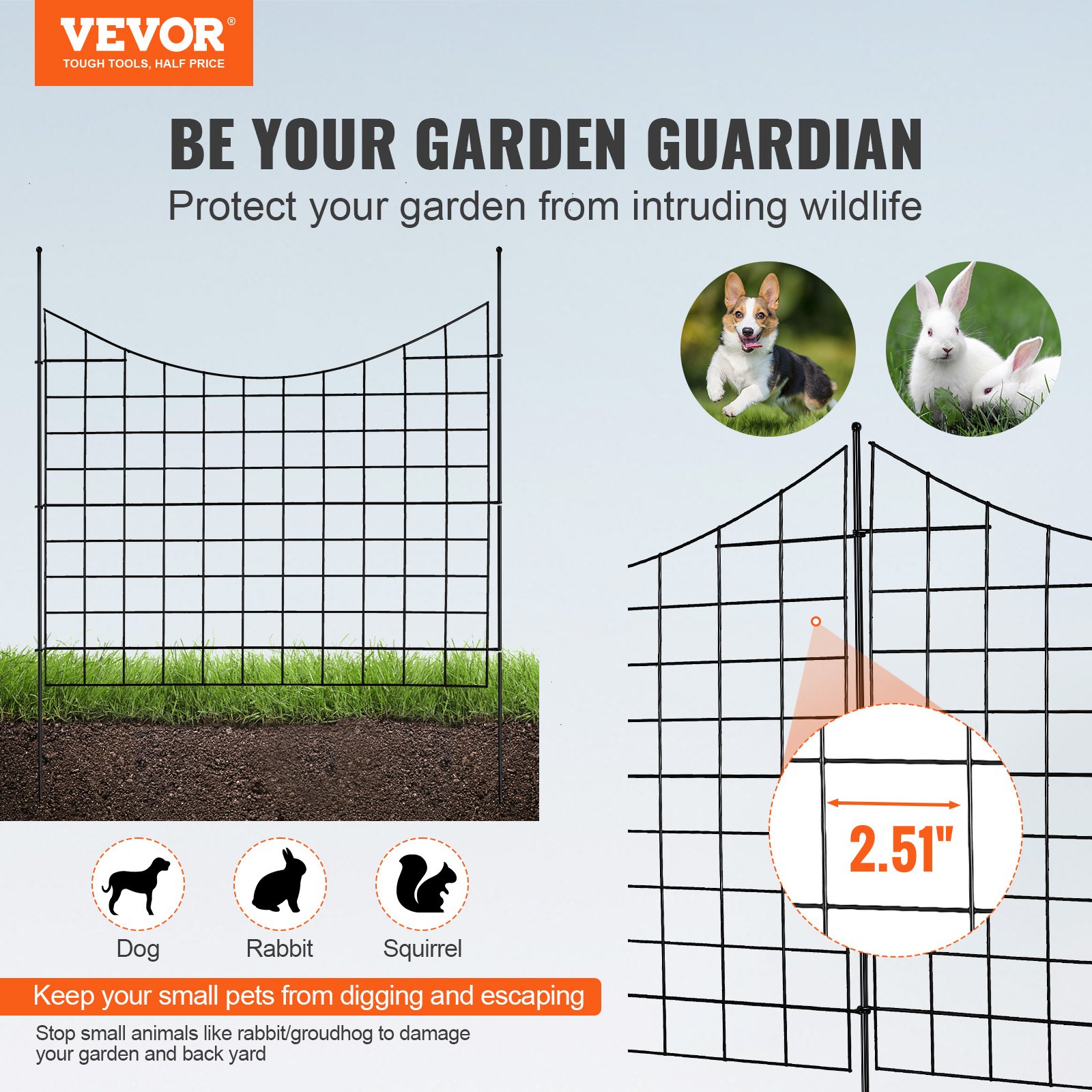 Valla de jardín VEVOR, valla sin excavación, valla de barrera para animales de 36,6 pulgadas de alto x 12 pies de largo, valla decorativa subterránea para jardín con espacio entre picos de 2,5 pulgadas, valla de metal para perros para el patio y el patio al aire libre, paquete de 5