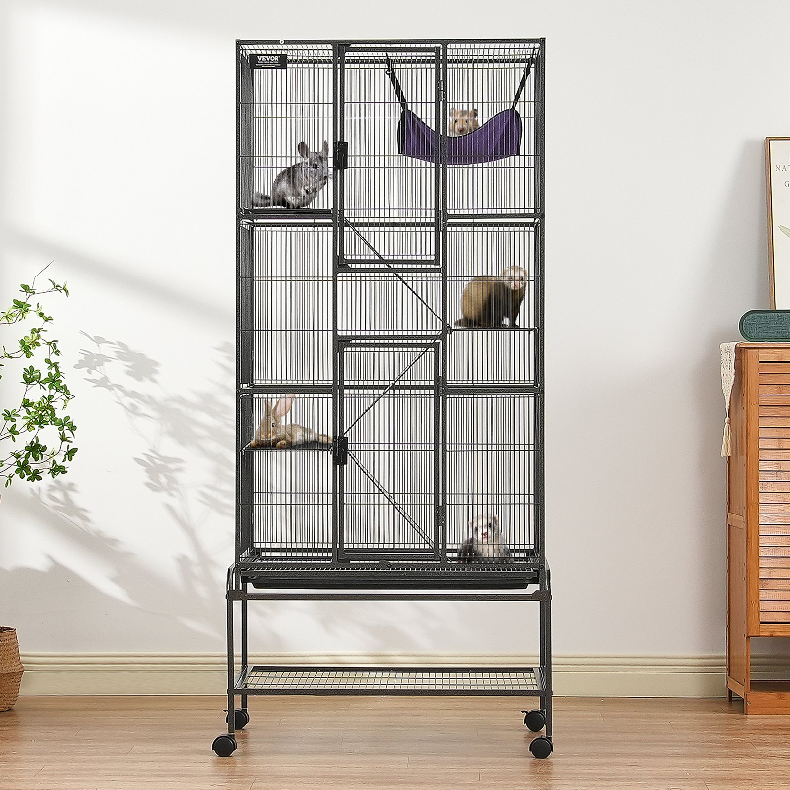 VEVOR 69" Rolling Metal Ferret Cage, Large 4-Tier Cage, Small Animal Cage with Ramps & Tray, Easy to Set up for Pet Rats, Hamster, Guinea Pig, Chinchilla, Squirrel, Hedgehogs, Bunny