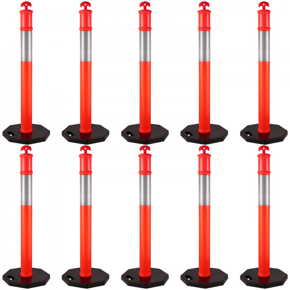 VEVOR - Paquete de 10 postes delineadores de tráfico de 44 pulgadas de altura, kit de postes de conos canalizadores de PE de 10 pulgadas de banda reflectante, postes delineadores con base de goma de 16 pulgadas para sitios de construcción, gestión de instalaciones, etc.
