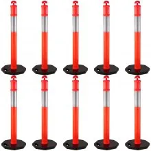 VEVOR Paquete de 10 postes delineadores de tráfico de 44 pulgadas de altura, kit de postes de conos canalizadores de PE, banda reflectante de 10 pulgadas, poste delineador con base de goma de 16 pulgadas para sitios de construcción, gestión de instalaciones, etc.