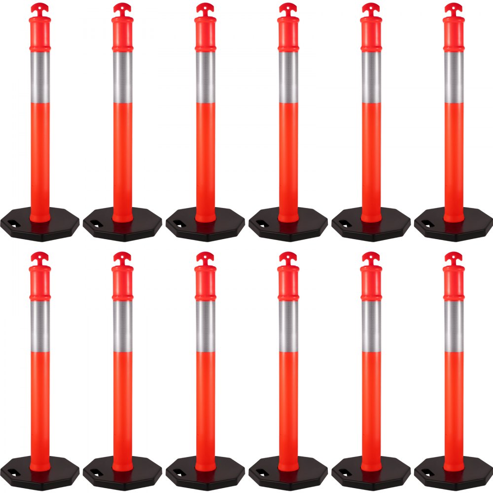 VEVOR - Paquete de 12 postes delineadores de tráfico de 44 pulgadas de altura, kit de postes de conos canalizadores de 10 pulgadas con banda reflectante, postes delineadores con base de goma de 16 pulgadas para sitios de construcción, gestión de instalaciones, etc.