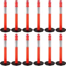 VEVOR Paquete de 12 postes delineadores de tráfico de 44 pulgadas de altura, kit de postes de conos canalizadores de 10 pulgadas, banda reflectante, poste delineador con base de goma de 16 pulgadas para sitios de construcción, gestión de instalaciones, etc.