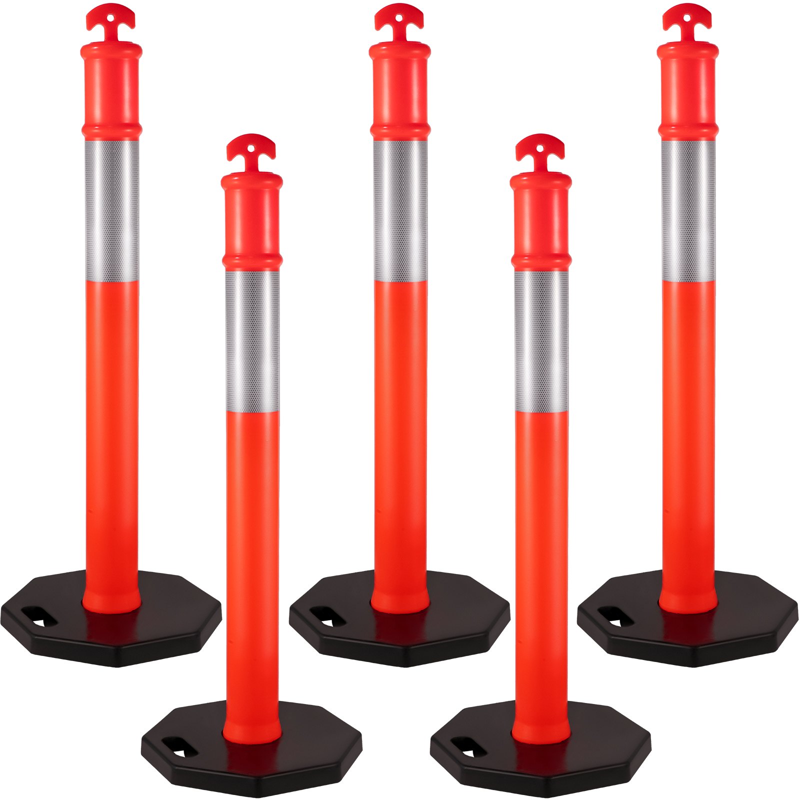 VEVOR - Paquete de 5 postes delineadores de 44 pulgadas de alto, kit de postes delineadores de PE naranja, banda reflectante de 10 pulgadas, postes delineadores de tráfico con base de goma de 16 pulgadas para sitios de construcción, gestión de instalaciones, etc.