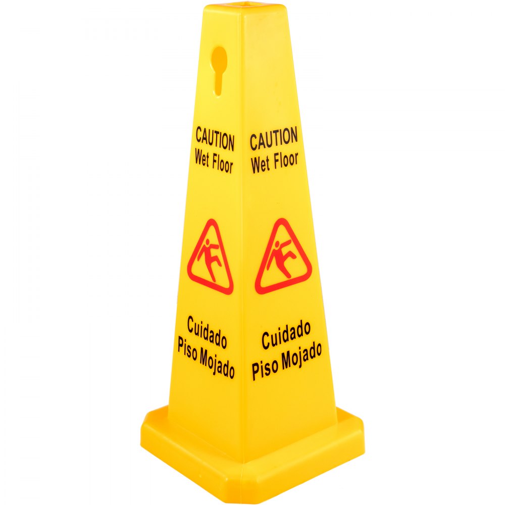 Cono de seguridad VEVOR amarillo para suelo mojado con señales de precaución bilingües.