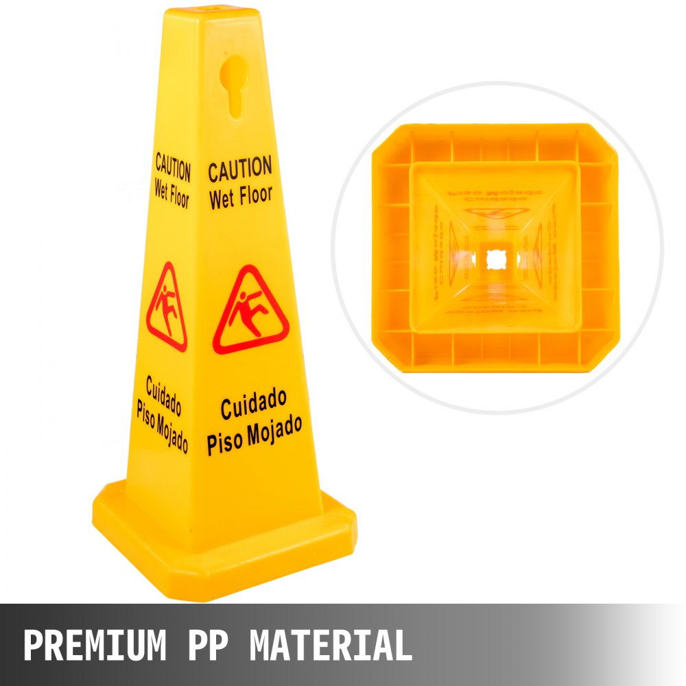 Cono de seguridad para suelo mojado VEVOR de color amarillo con señales de precaución en inglés y español, fabricado en material pp.