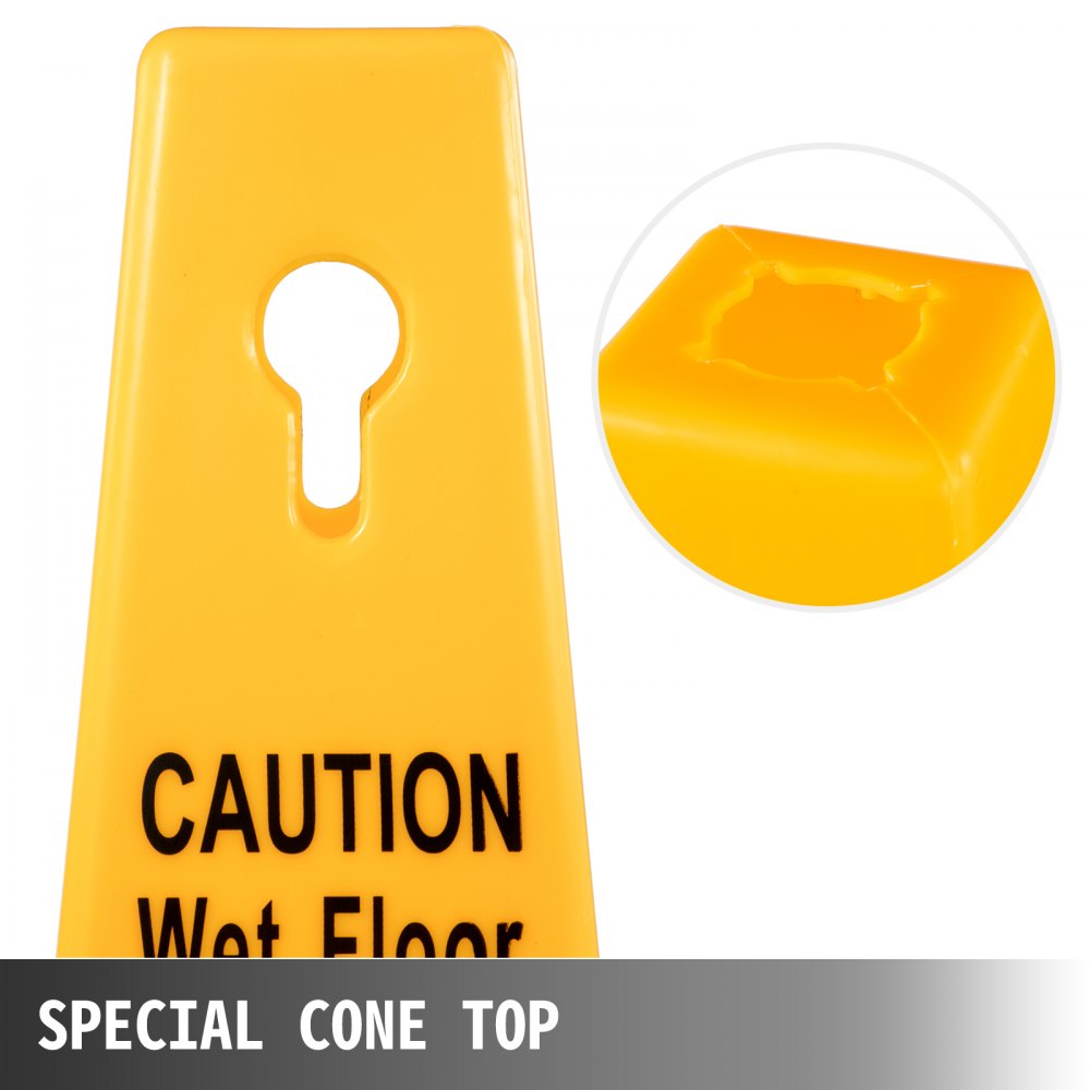 Cono de seguridad para suelo mojado VEVOR amarillo con etiqueta &quot;Precaución suelo mojado&quot; y diseño especial en la parte superior.