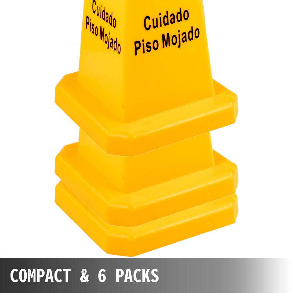 Cono de seguridad para suelo mojado VEVOR amarillo en paquete de 6, etiquetado &quot;cuidado piso mojado&quot;.