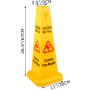 Cono de seguridad para suelo mojado VEVOR amarillo con texto de advertencia bilingüe, dimensiones mostradas.