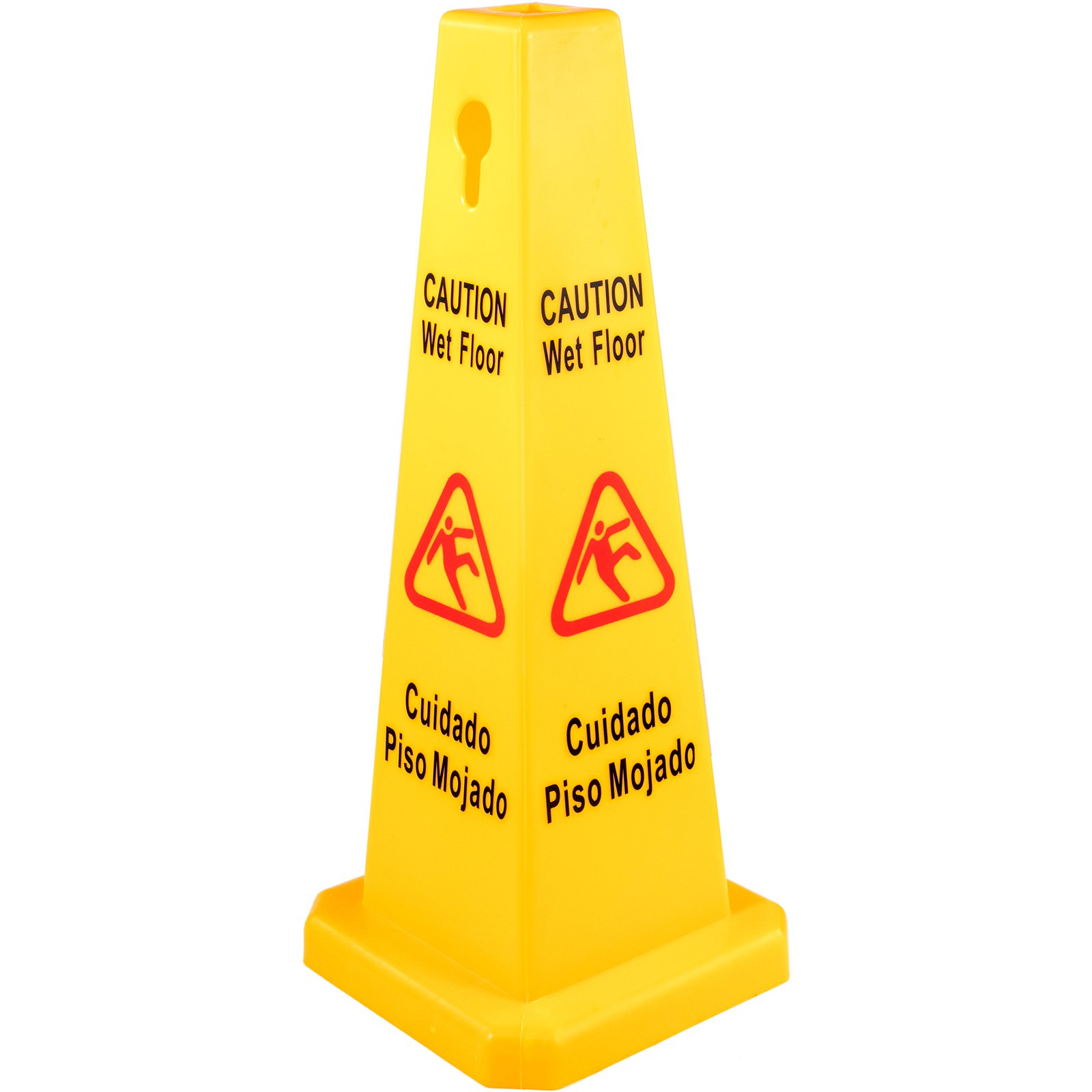 Cono de seguridad VEVOR amarillo para suelo mojado con señales de precaución bilingües.