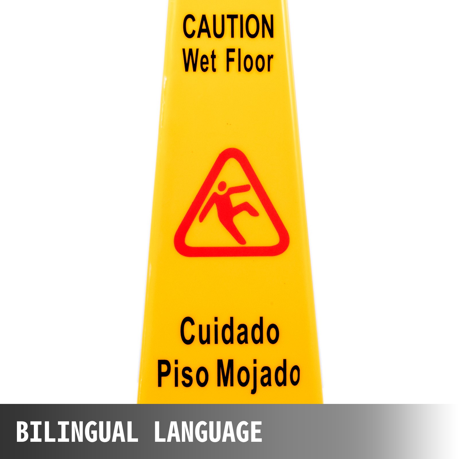 Cono de seguridad VEVOR amarillo para suelo mojado con texto de precaución bilingüe.