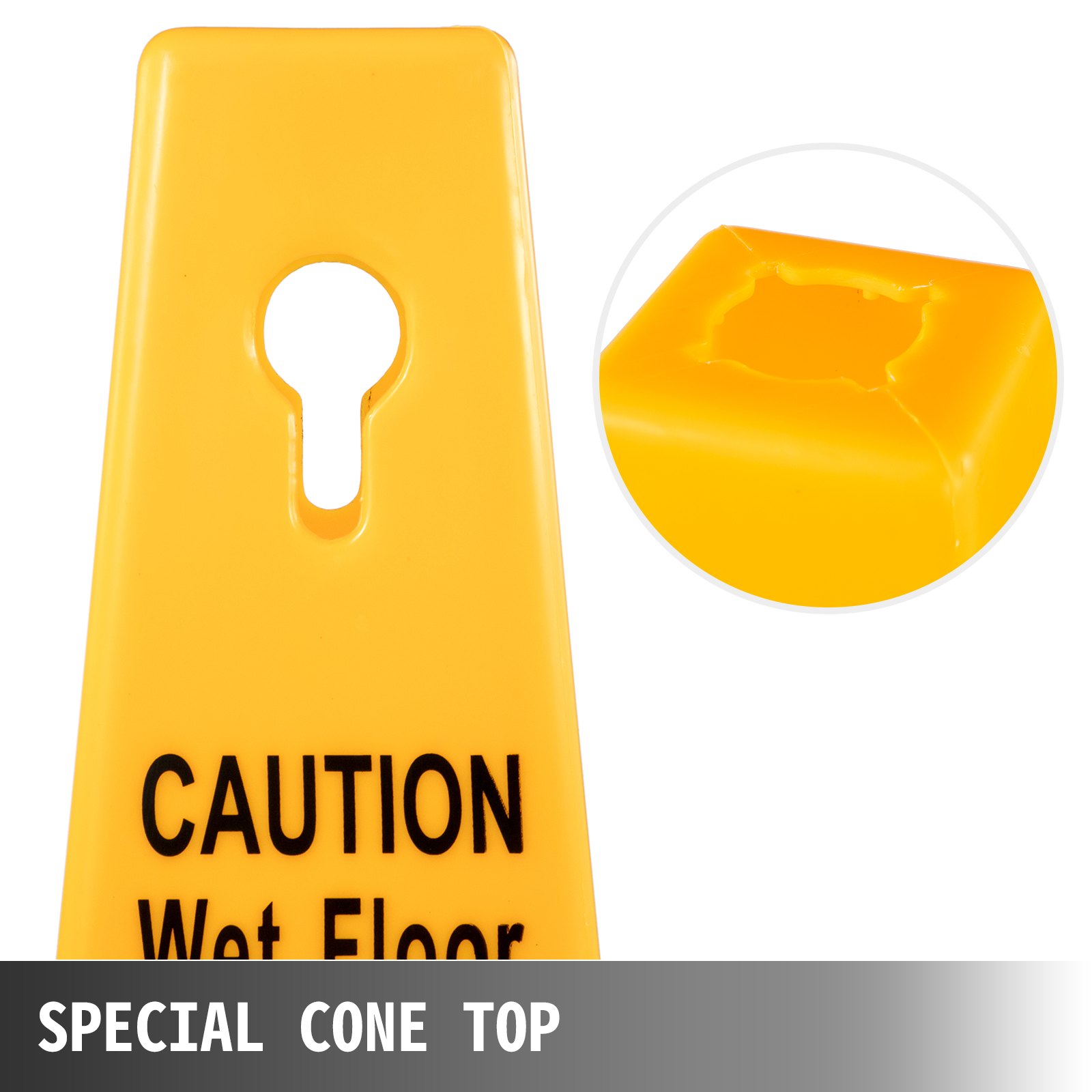 Cono de seguridad para suelo mojado VEVOR amarillo con etiqueta &quot;Precaución suelo mojado&quot; y diseño especial en la parte superior.