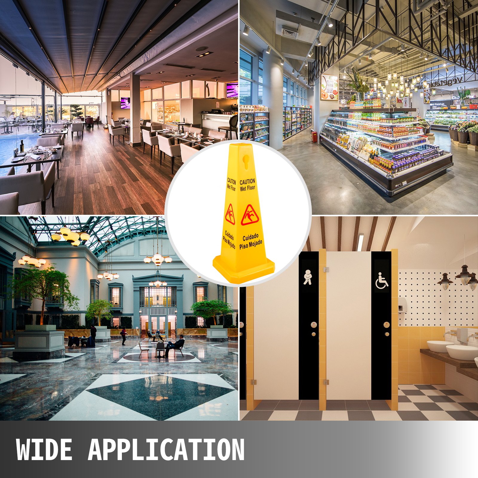 Cono de seguridad para suelo mojado VEVOR en diversos espacios públicos: restaurante, supermercado, centro comercial, baños.