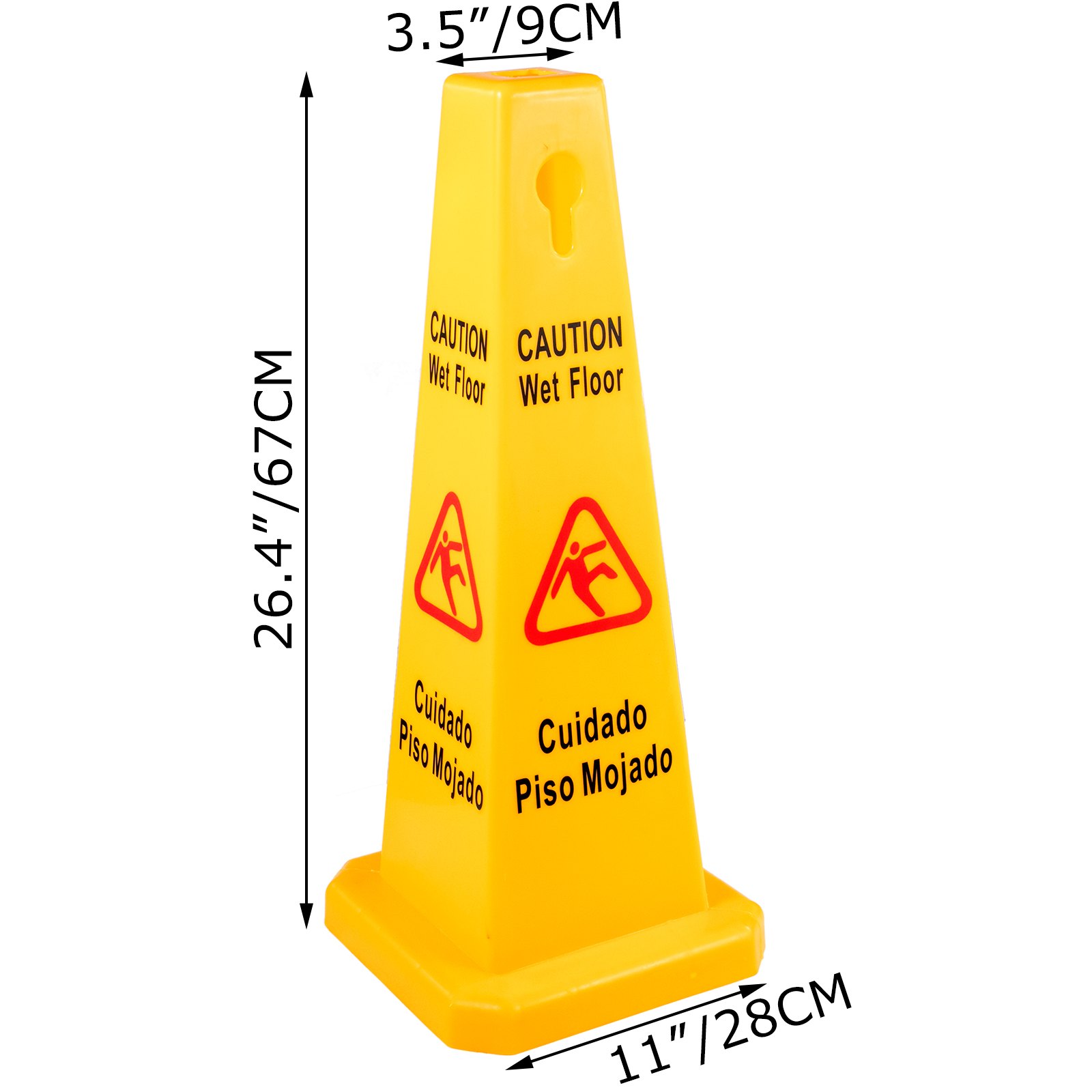 Cono de seguridad para suelo mojado VEVOR amarillo con texto de advertencia bilingüe, dimensiones mostradas.