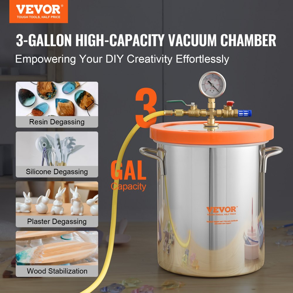 Cámara de vacío VEVOR para desgasificación de resina, silicona, yeso y estabilización de madera. Capacidad de 3 galones.