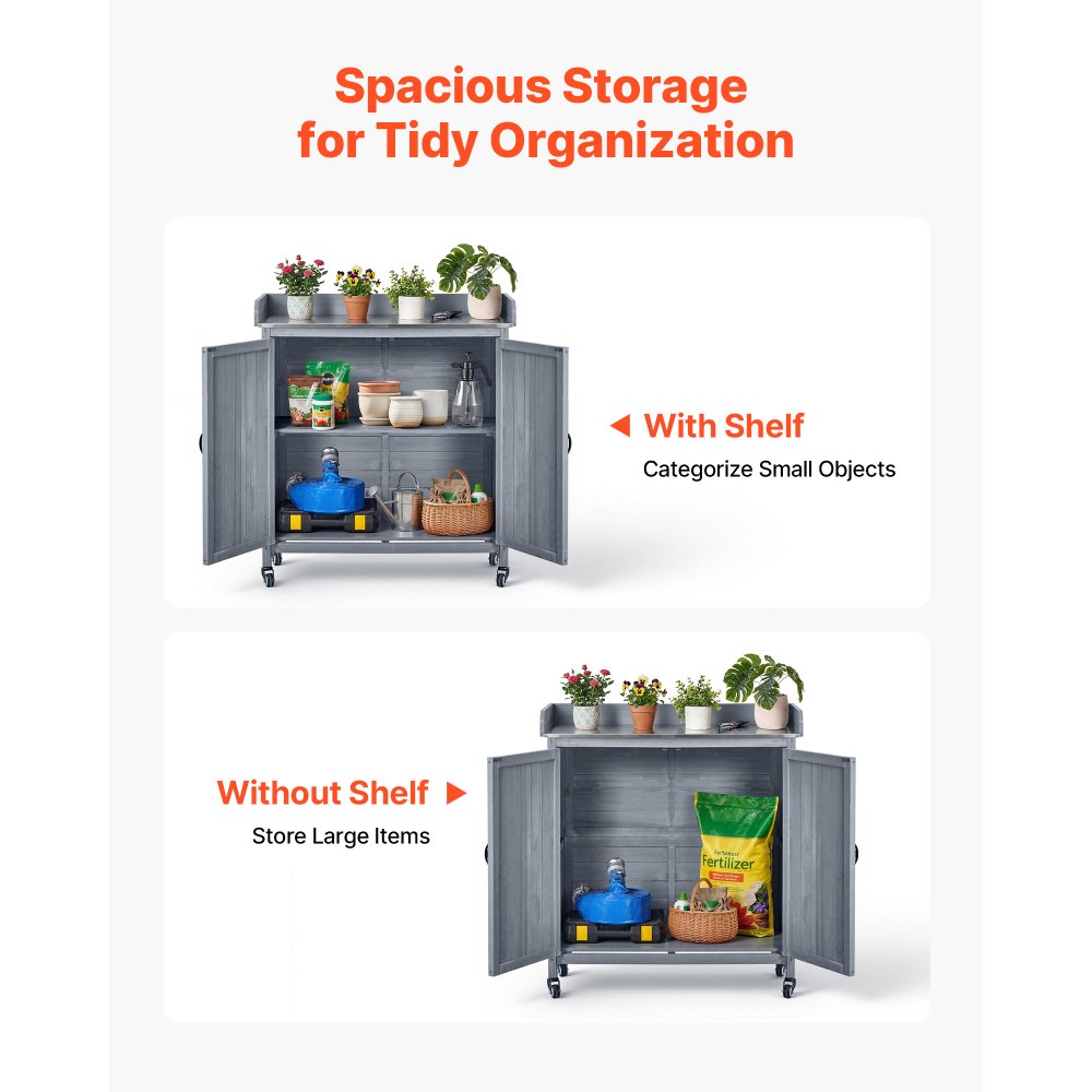 VEVOR Mesa de Jardinería, Banco de Trabajo de Jardín de Madera 915 x 405 x 1015 mm con Ruedas, Estante Superior, Tablero de Metal Galvanizado, Cajón, Ganchos, Armario para Almacenamiento Macetas Patio