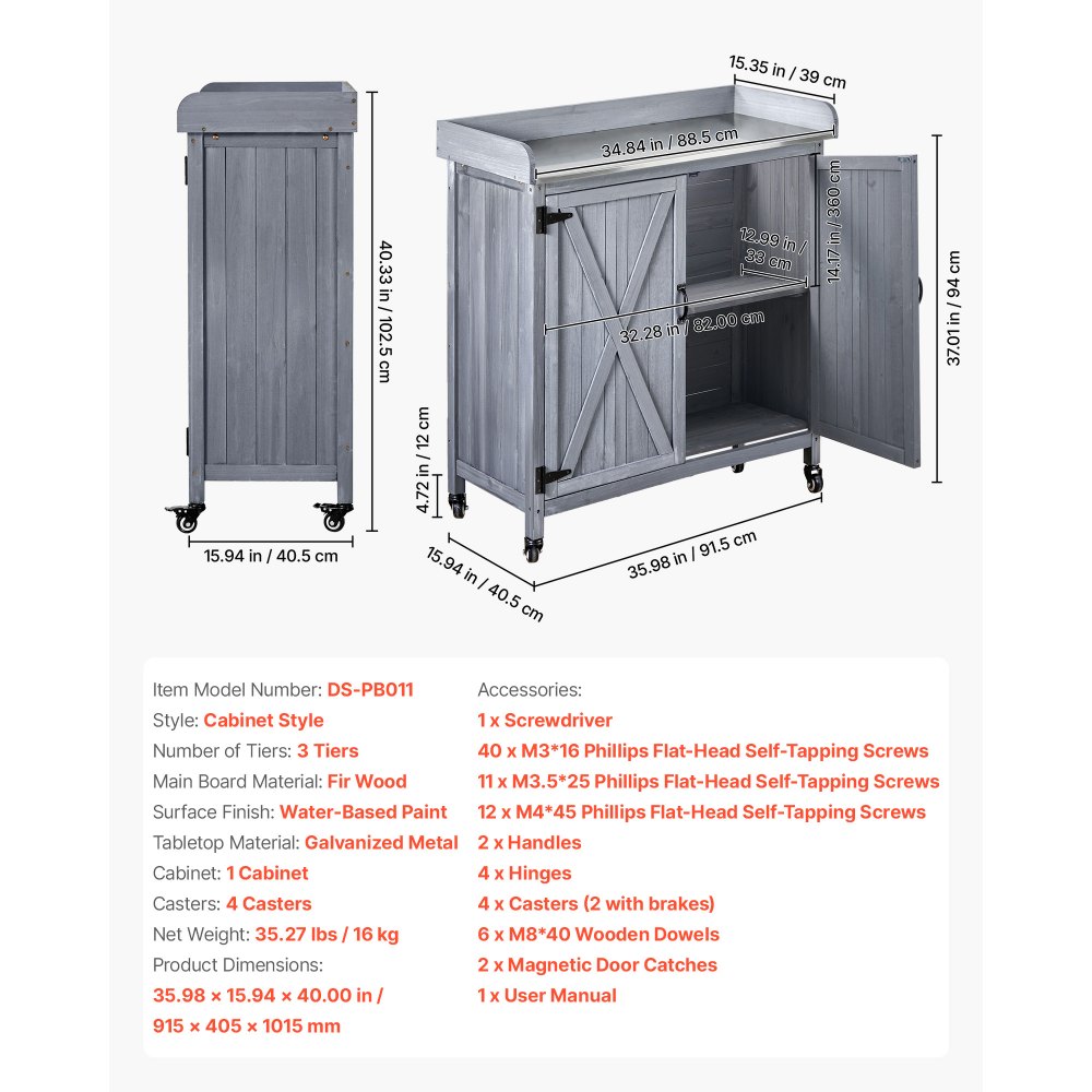 VEVOR Mesa de Jardinería, Banco de Trabajo de Jardín de Madera 915 x 405 x 1015 mm con Ruedas, Estante Superior, Tablero de Metal Galvanizado, Cajón, Ganchos, Armario para Almacenamiento Macetas Patio