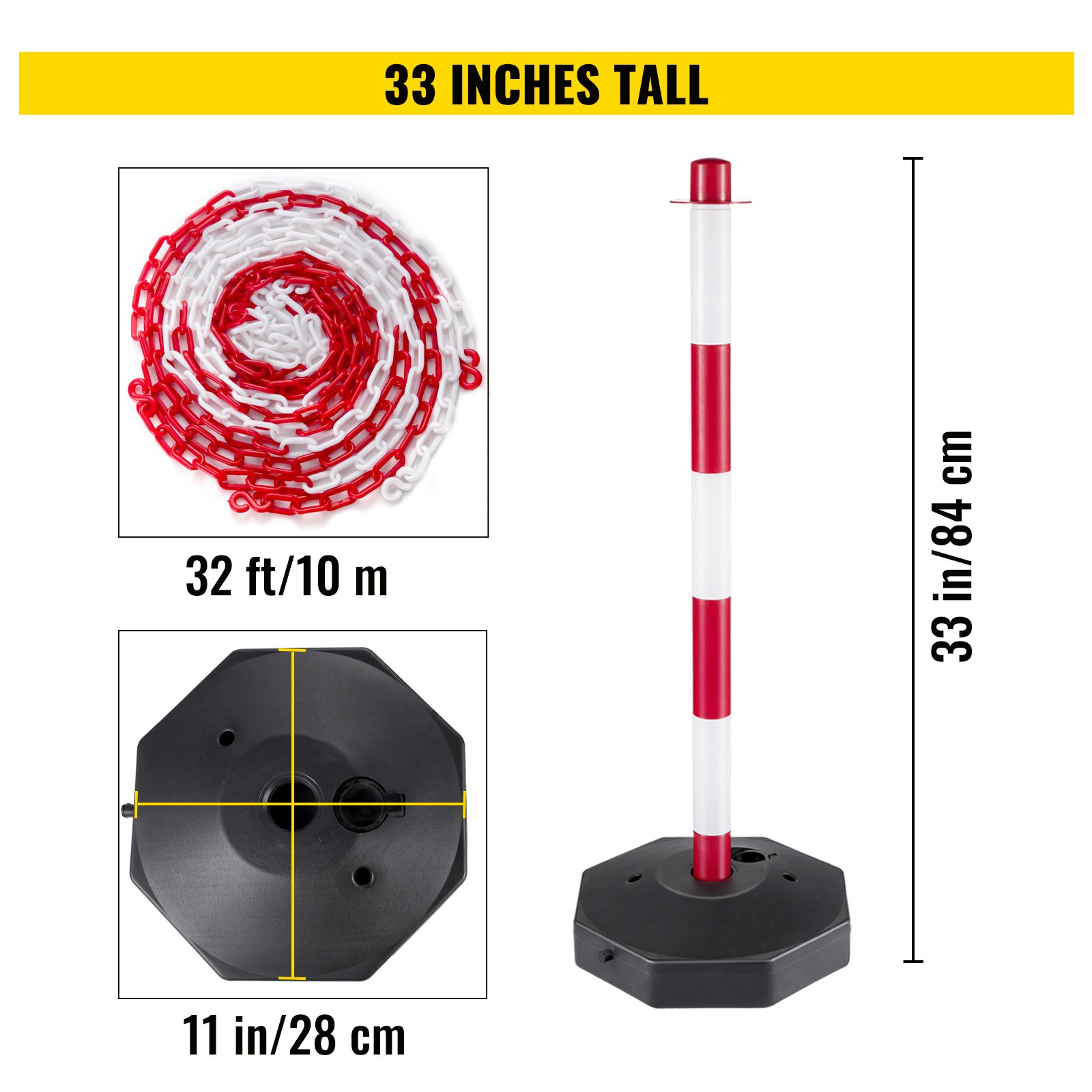 Kit de soporte de plástico VEVOR, 33 pulgadas de alto, cadena roja/blanca de 32 pies, base de 11 pulgadas.