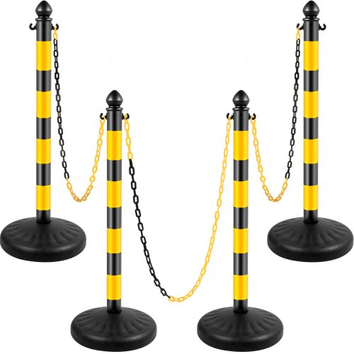VEVOR Barrera de Aparcamiento 4 piezas Altura 99 cm Plástico PE Poste de Tráfico Base 35 x 35 cm Cadena 1 m Amarillo-Negro Bolardo de Aparcamiento Llenar con Agua o Arena para Garajes, Ascensores