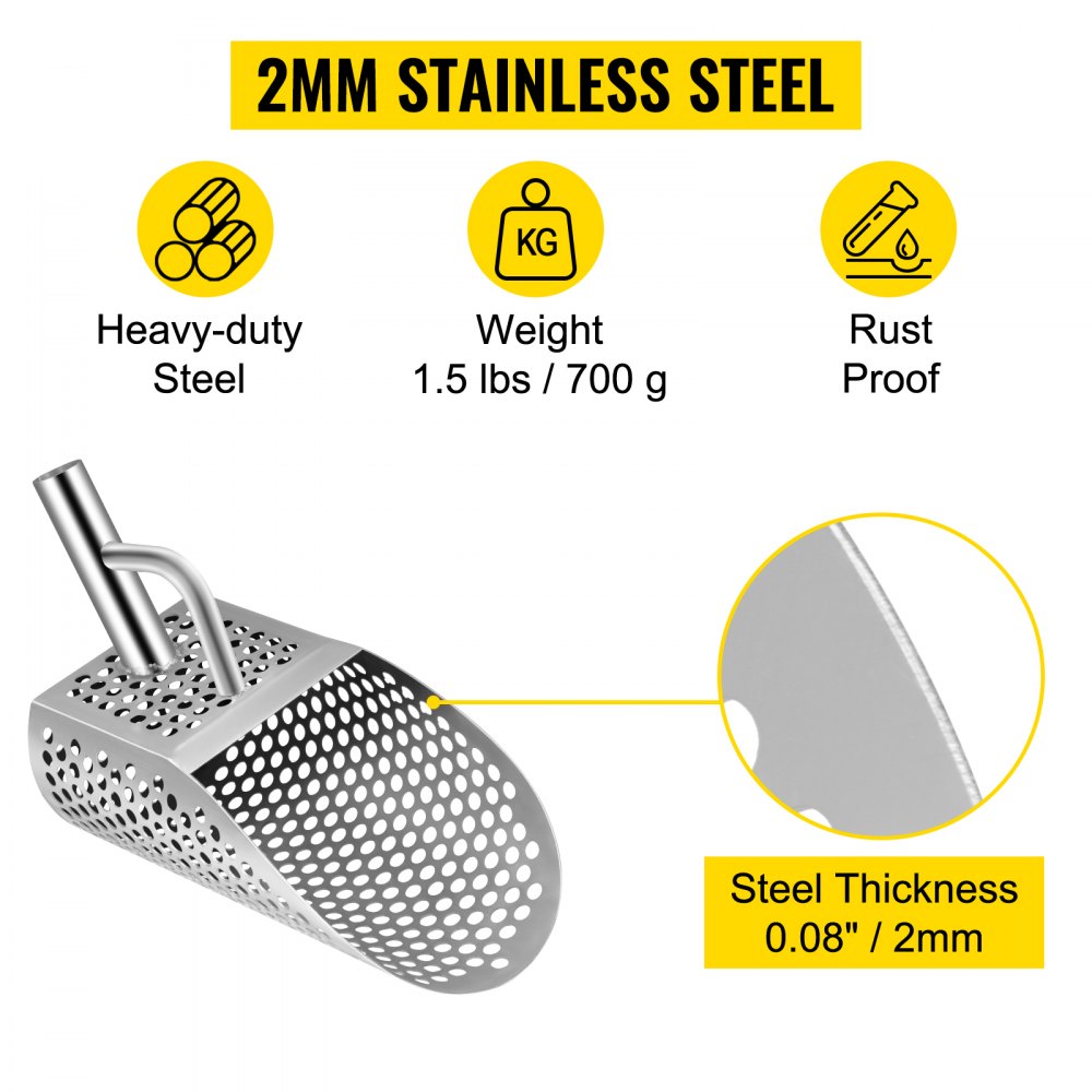 VEVOR Pala para detector de metales para arena, pala para detección de metales de acero inoxidable, pala para detector de metales para playa con orificio de 10 mm, pala para detector de metales para playa con orificio de 10 mm, acero inoxidable ligero resistente de 2 mm, para detección de metales y búsqueda de tesoros