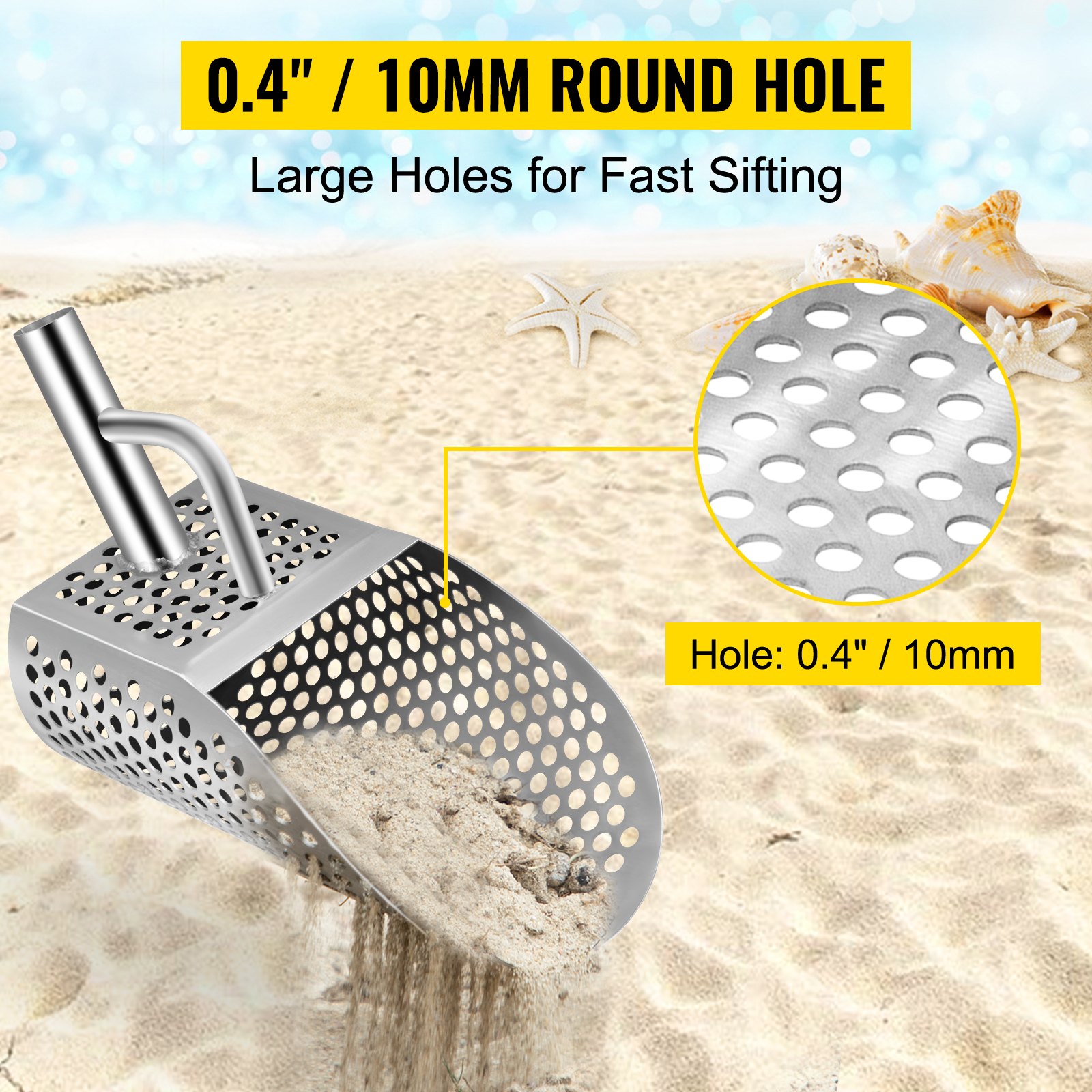 VEVOR Pala para detector de metales para arena, pala para detección de metales de acero inoxidable, pala para detector de metales para playa con orificio de 10 mm, pala para detector de metales para playa con orificio de 10 mm, acero inoxidable ligero resistente de 2 mm, para detección de metales y búsqueda de tesoros