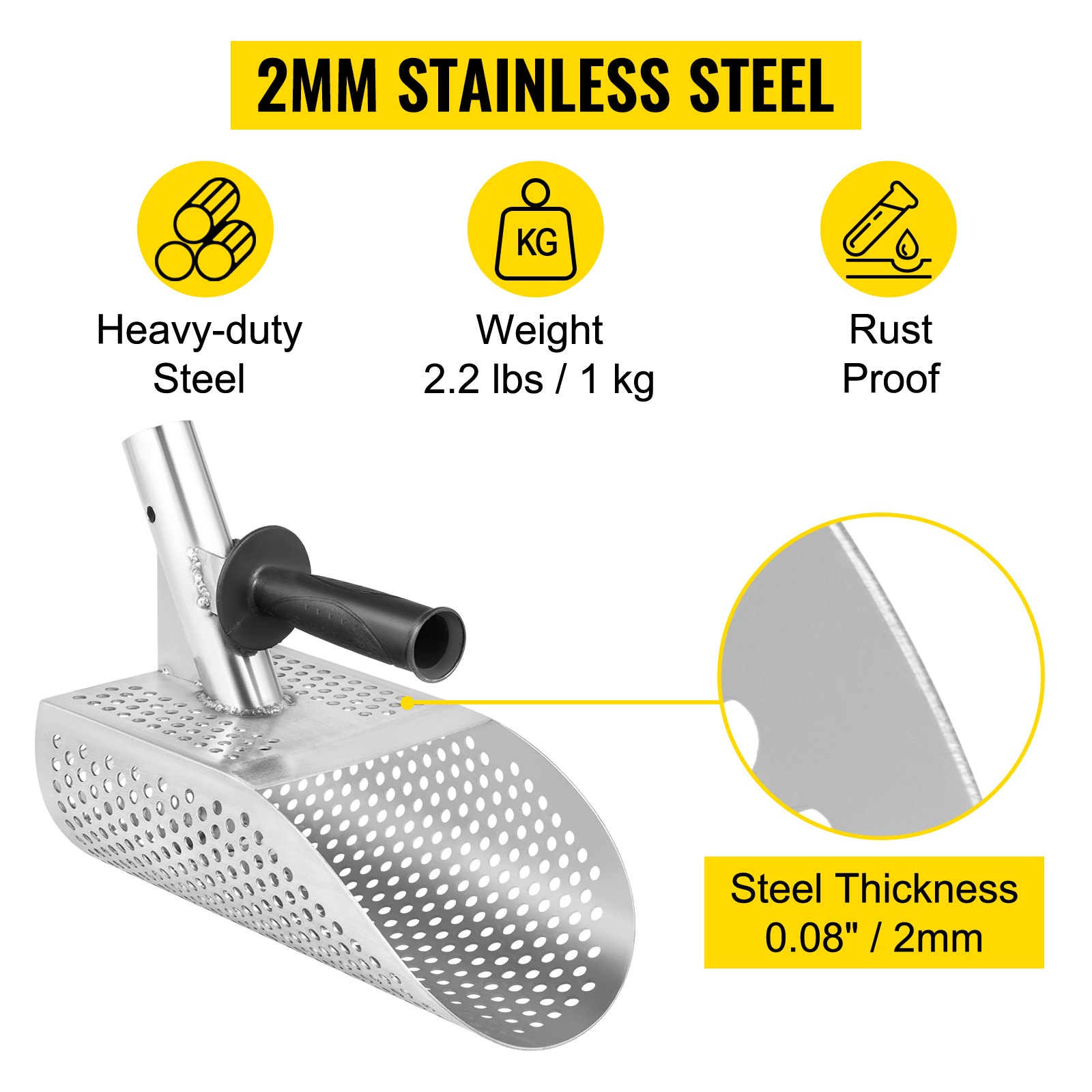 VEVOR Pala para detector de metales para arena, pala para detección de metales de acero inoxidable, pala para detector de metales para playa con orificio de 10 mm, pala para detector de metales para playa con orificio de 10 mm, acero inoxidable ligero resistente de 2 mm, para detección de metales y búsqueda de tesoros