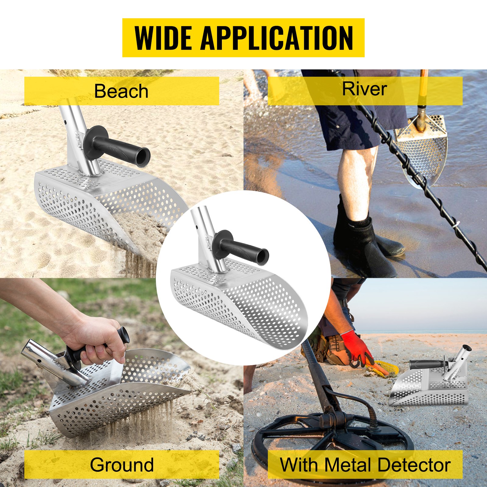 VEVOR Pala para detector de metales para arena, pala para detección de metales de acero inoxidable, pala para detector de metales para playa con orificio de 10 mm, pala para detector de metales para playa con orificio de 10 mm, acero inoxidable ligero resistente de 2 mm, para detección de metales y búsqueda de tesoros