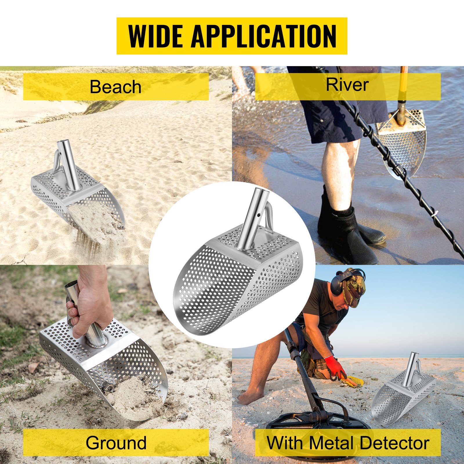 VEVOR Pala para detector de metales para arena, pala para detección de metales de acero inoxidable, pala para detector de metales para playa con orificio de 10 mm, pala para detector de metales para playa con orificio de 10 mm, acero inoxidable ligero resistente de 2 mm, para detección de metales y búsqueda de tesoros