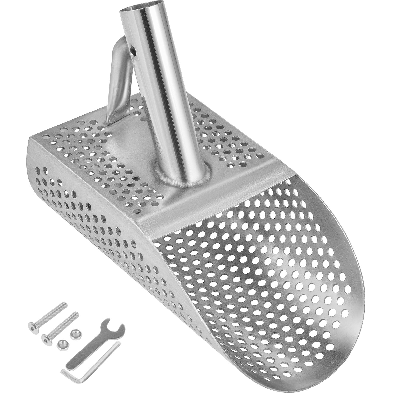 Pala de arena para detector de metales VEVOR con diseño perforado y herramientas de montaje incluidas.