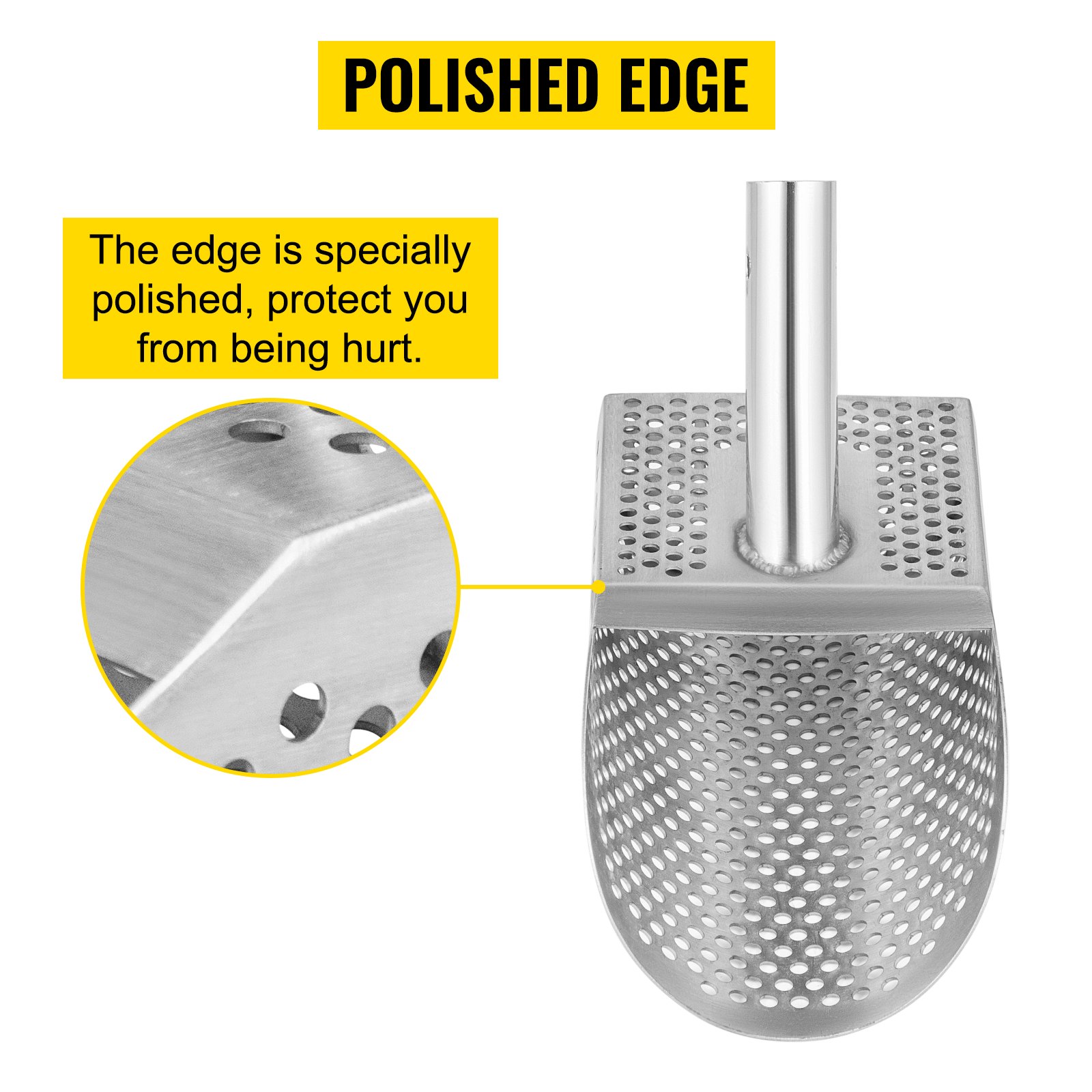 Pala de arena para detector de metales VEVOR pulida con bordes especialmente pulidos para mayor seguridad.