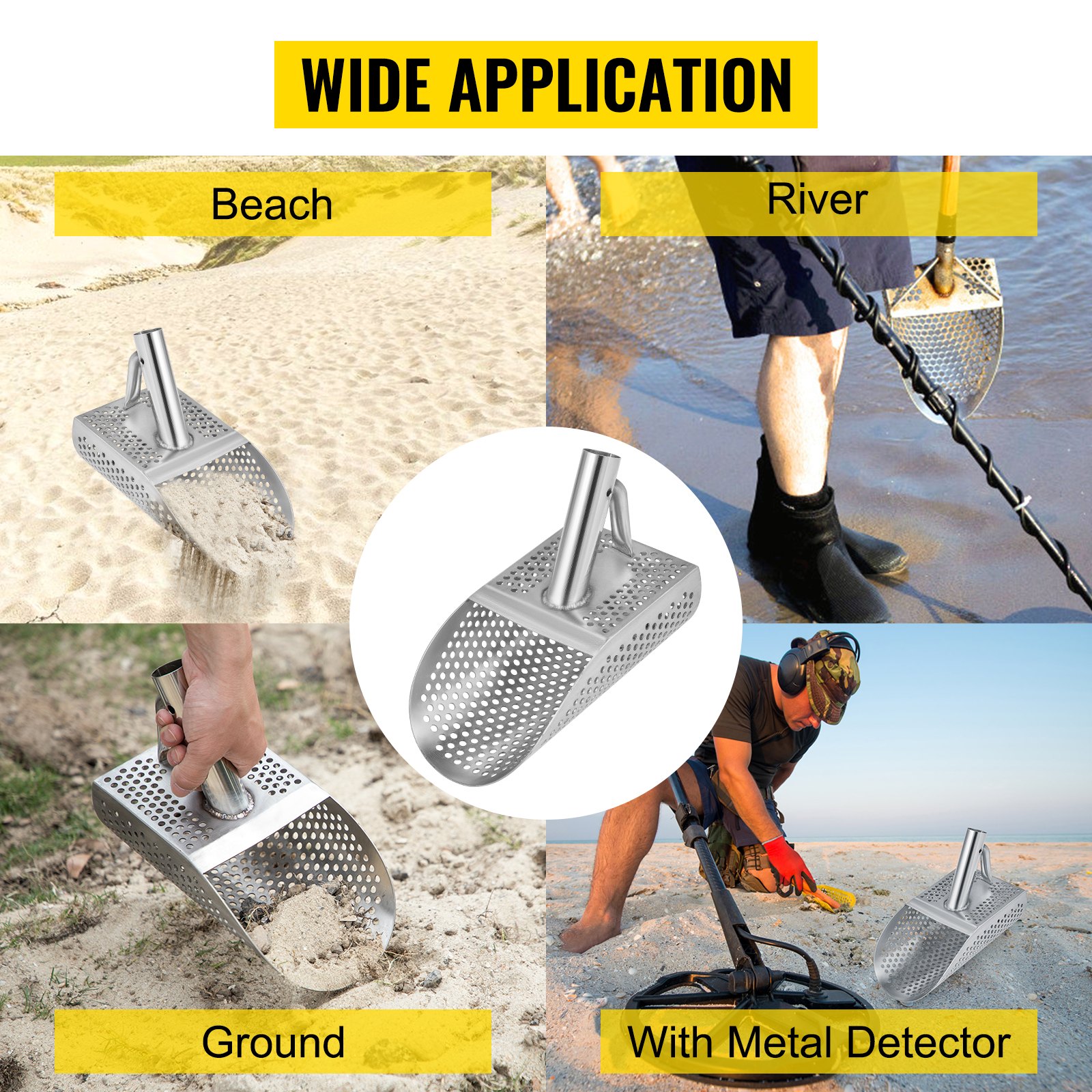 Pala de arena para detector de metales VEVOR, ideal para playa, río, tierra y detección de metales.