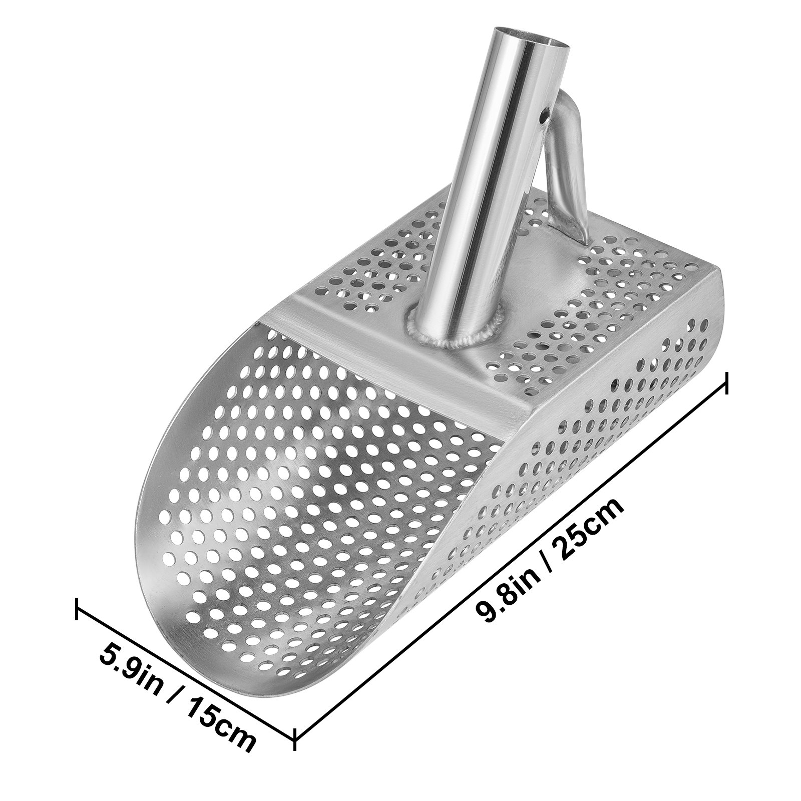 Pala de arena para detector de metales VEVOR con medidas y diseño de metal perforado.