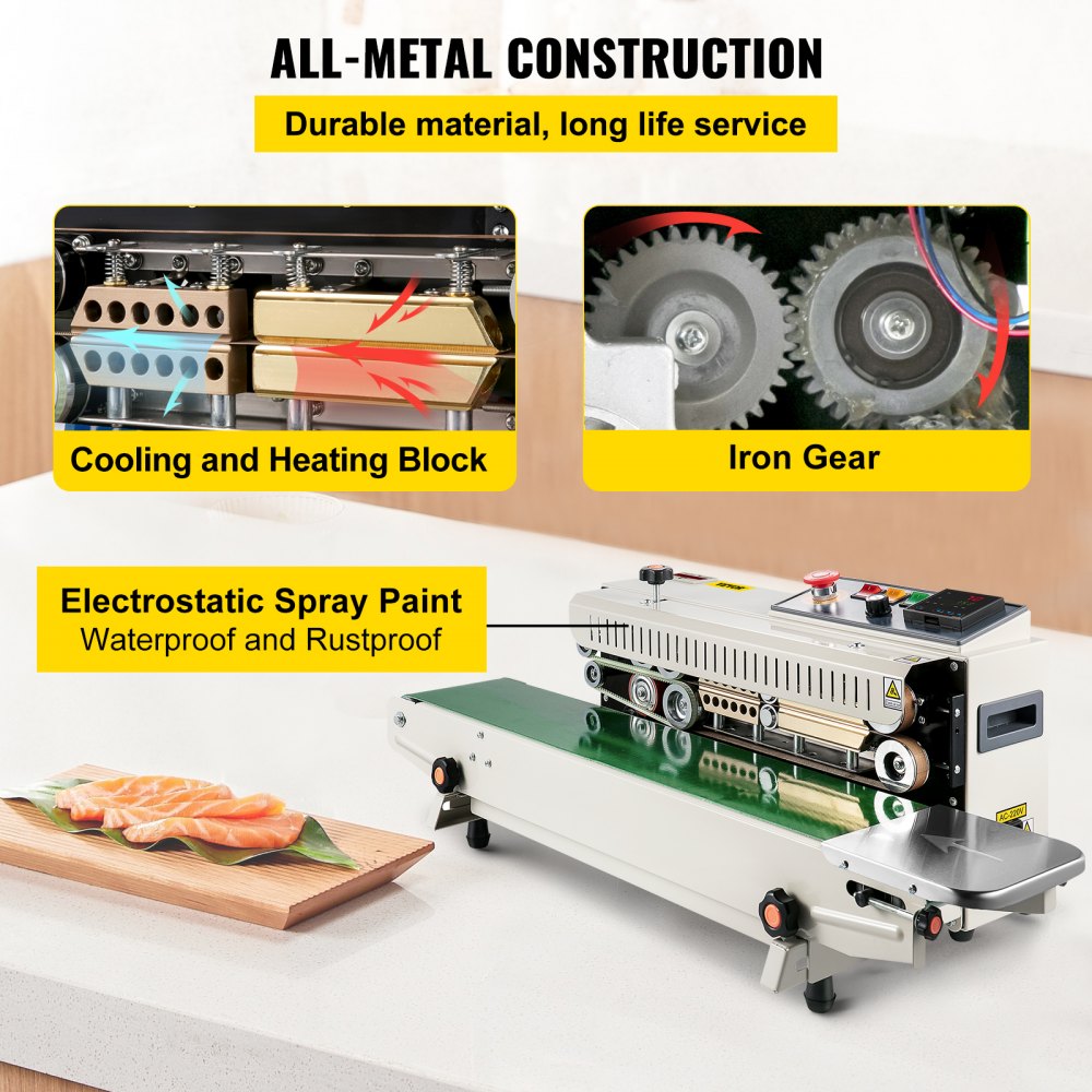 VEVOR Máquina de Sellado Continuo de Bolsas con Banda FR770A Selladora de Bolsas Horizontal con Control Digital de Temperatura Máquina Selladora de Bandas para Bolsas de Plástico de 0.02-0.08 mm Sellador Continuo de Bandas con Función de Impresión