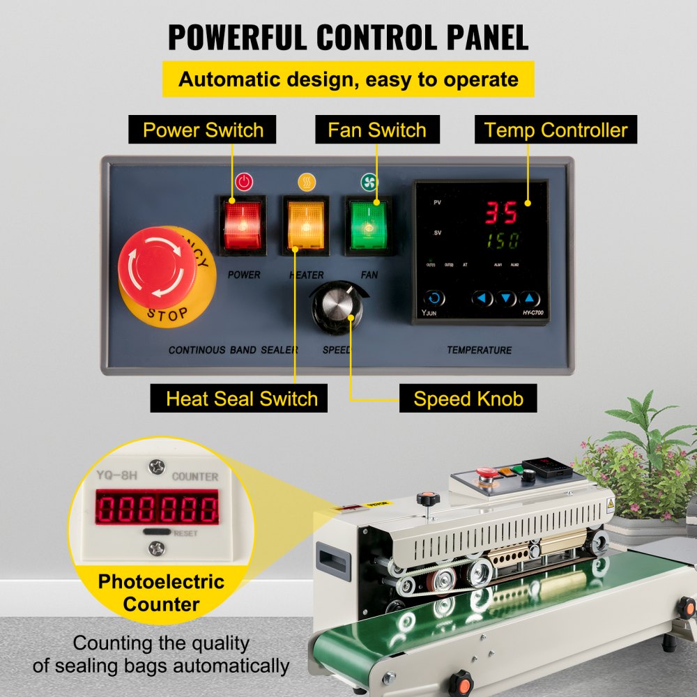 VEVOR Máquina de Sellado Continuo de Bolsas con Banda FR770A Selladora de Bolsas Horizontal con Control Digital de Temperatura Máquina Selladora de Bandas para Bolsas de Plástico de 0.02-0.08 mm Sellador Continuo de Bandas con Función de Impresión