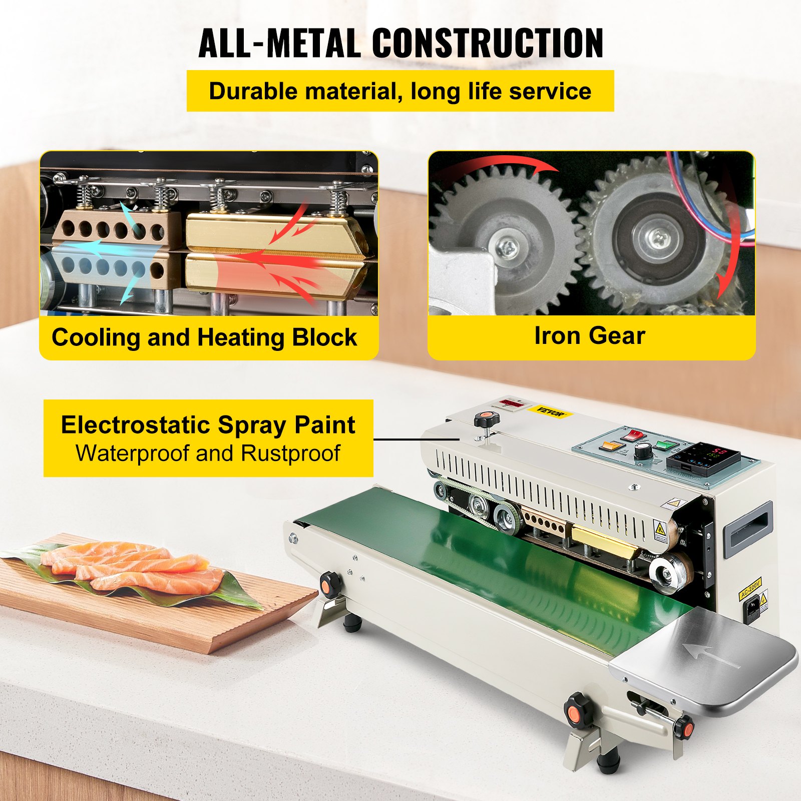 VEVOR Selladora de Bolsas Máquina de sellado continuo de bolsas con banda FR900K Máquina selladora de banda con control digital de temperatura