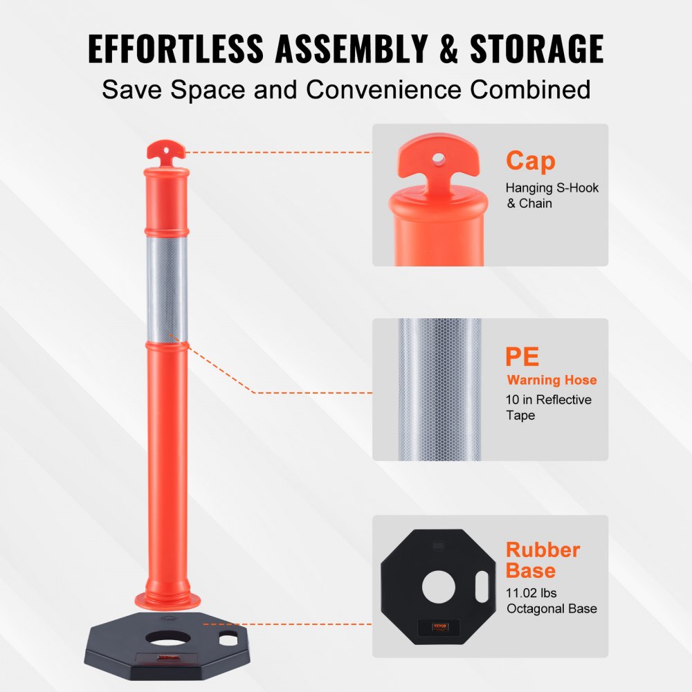 VEVOR Traffic Delineator Post Cones, 2 Pack, Traffic Safety Delineator Barrier with 16.93 x 16.93 in Rubber Base, for Traffic Control Warning Outdoor Indoor Use Parking Lot Construction Caution Roads