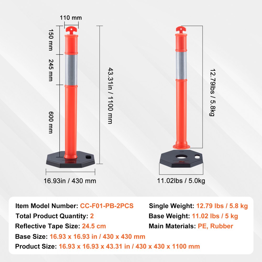VEVOR Traffic Delineator Post Cones, 2 Pack, Traffic Safety Delineator Barrier with 16.93 x 16.93 in Rubber Base, for Traffic Control Warning Outdoor Indoor Use Parking Lot Construction Caution Roads