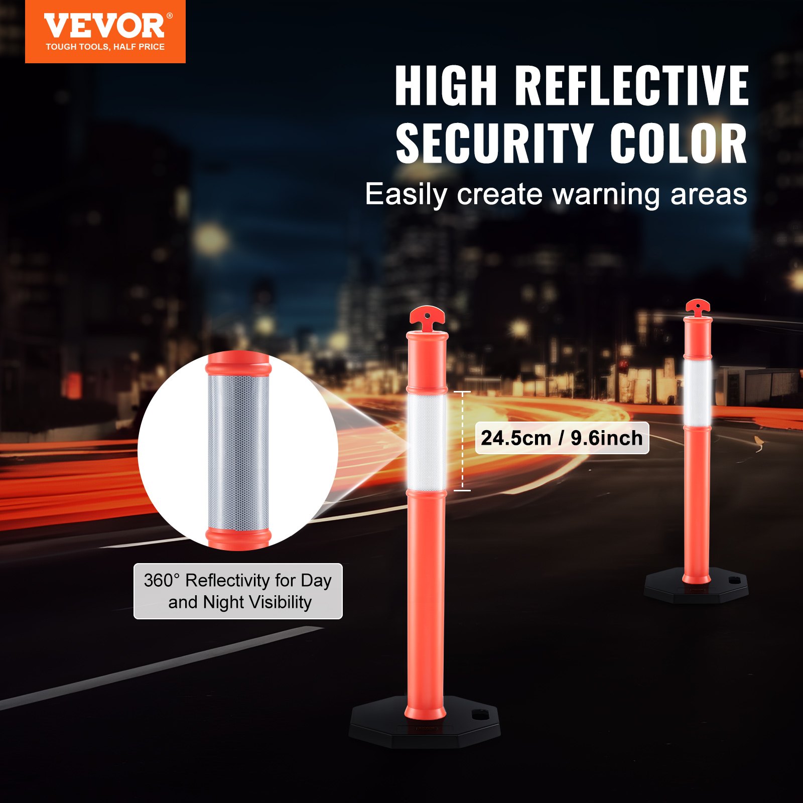 VEVOR Traffic Delineator Post Cones, 2 Pack, Traffic Safety Delineator Barrier with 16.93 x 16.93 in Rubber Base, for Traffic Control Warning Outdoor Indoor Use Parking Lot Construction Caution Roads