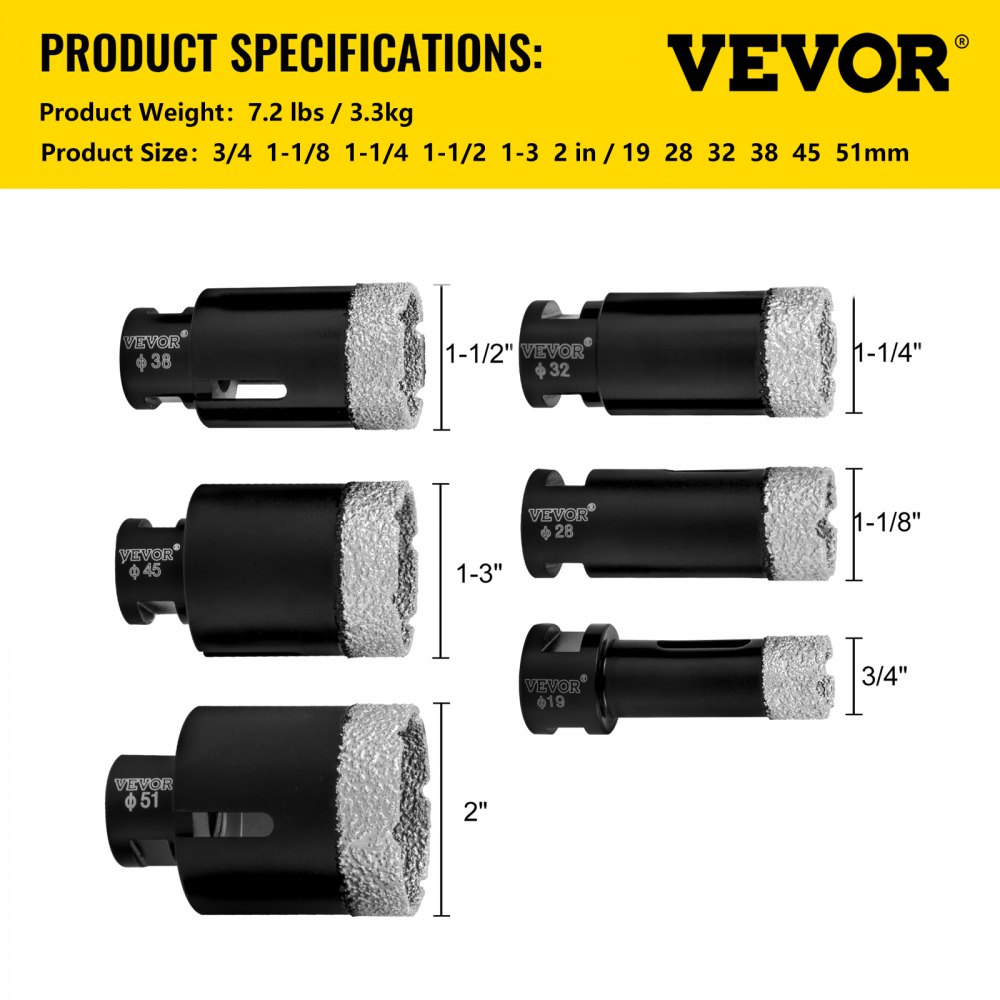 VEVOR Brocas de diamante 6PCS Sierra perforadora de diamante 19/28/32/38/45/51 mm Kit de sierra perforadora para azulejos Broca de diamante soldada al vacío 0.59in Segmento Sierra perforadora para azulejos con una hoja para azulejos Cerámica Porcelana Mármol