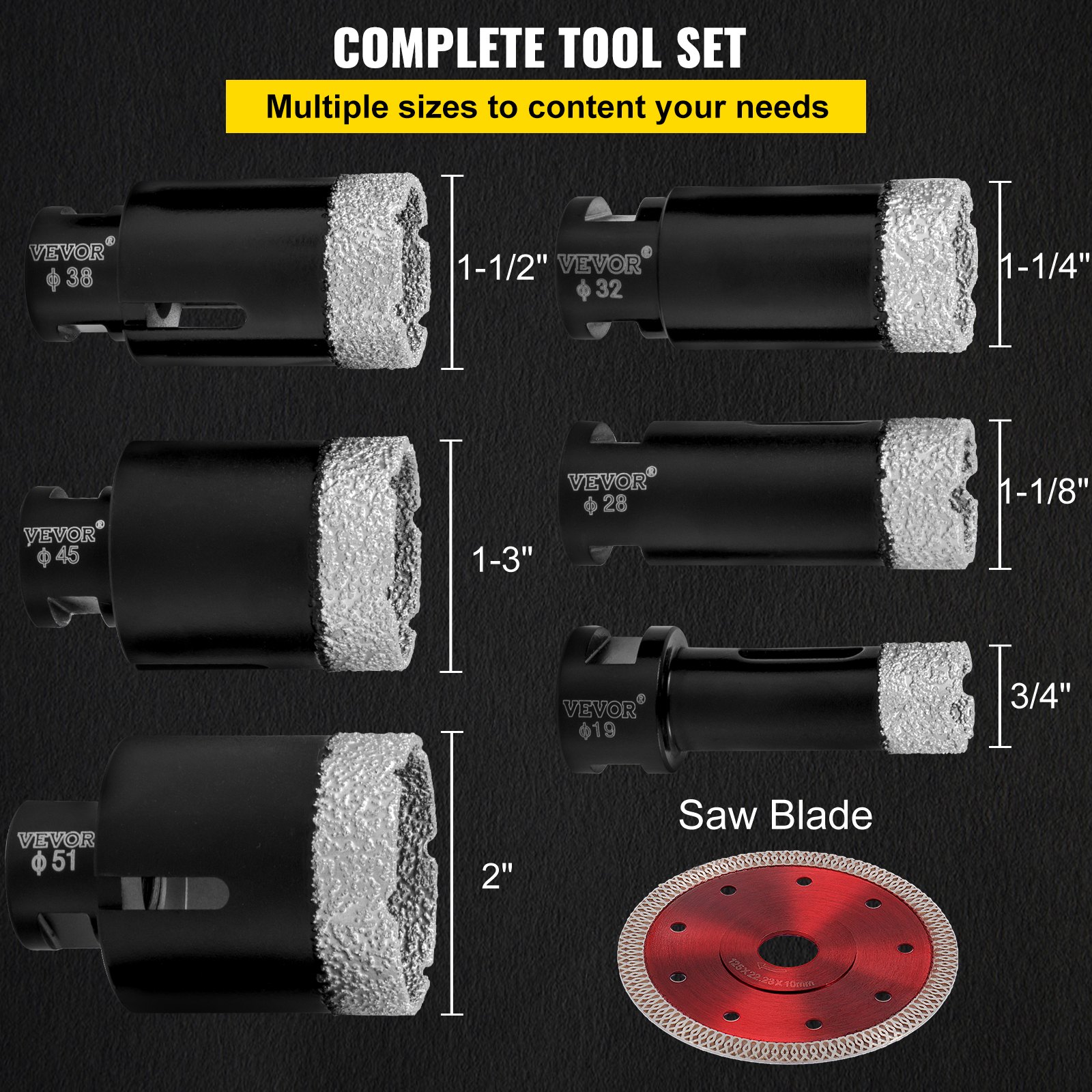 VEVOR Brocas de diamante 6PCS Sierra perforadora de diamante 19/28/32/38/45/51 mm Kit de sierra perforadora para azulejos Broca de diamante soldada al vacío 0.59in Segmento Sierra perforadora para azulejos con una hoja para azulejos Cerámica Porcelana Mármol