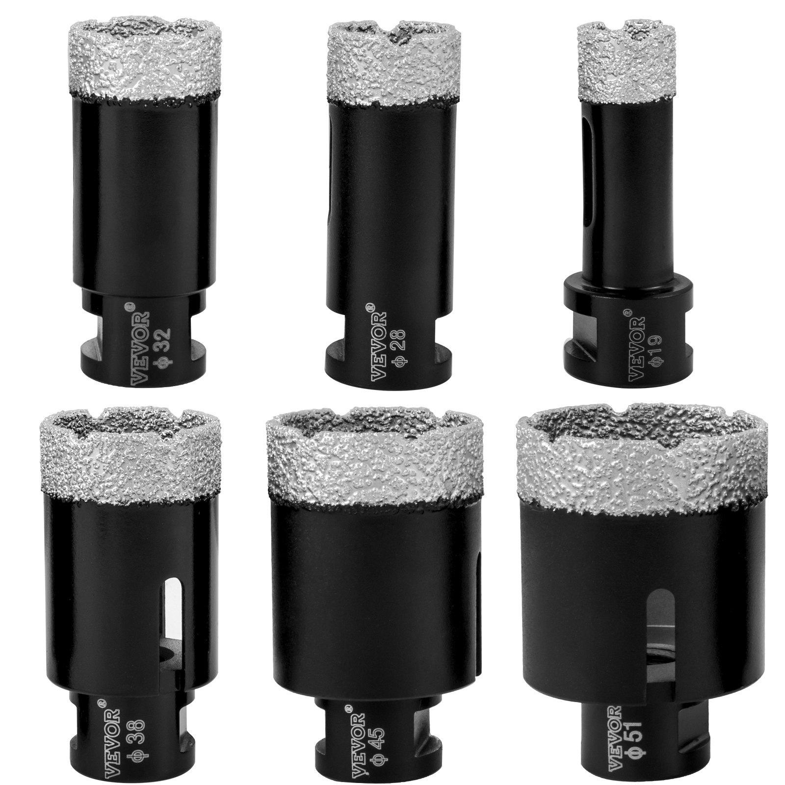 VEVOR Brocas de diamante 6PCS Sierra perforadora de diamante 19/28/32/38/45/51 mm Kit de sierra perforadora para azulejos Broca de diamante soldada al vacío 0.59in Segmento Sierra perforadora para azulejos con una hoja para azulejos Cerámica Porcelana Mármol